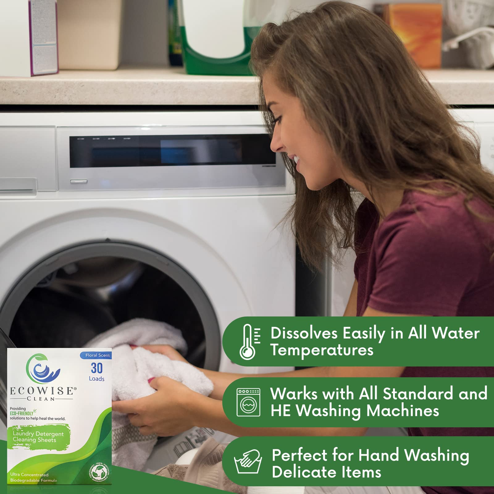Ecowise Clean, Laundry Detergent Sheets Eco-Friendly Strips, Concentrated Biodegradable Washer Sheets, Floral, 30 Count (Pack of 1)…