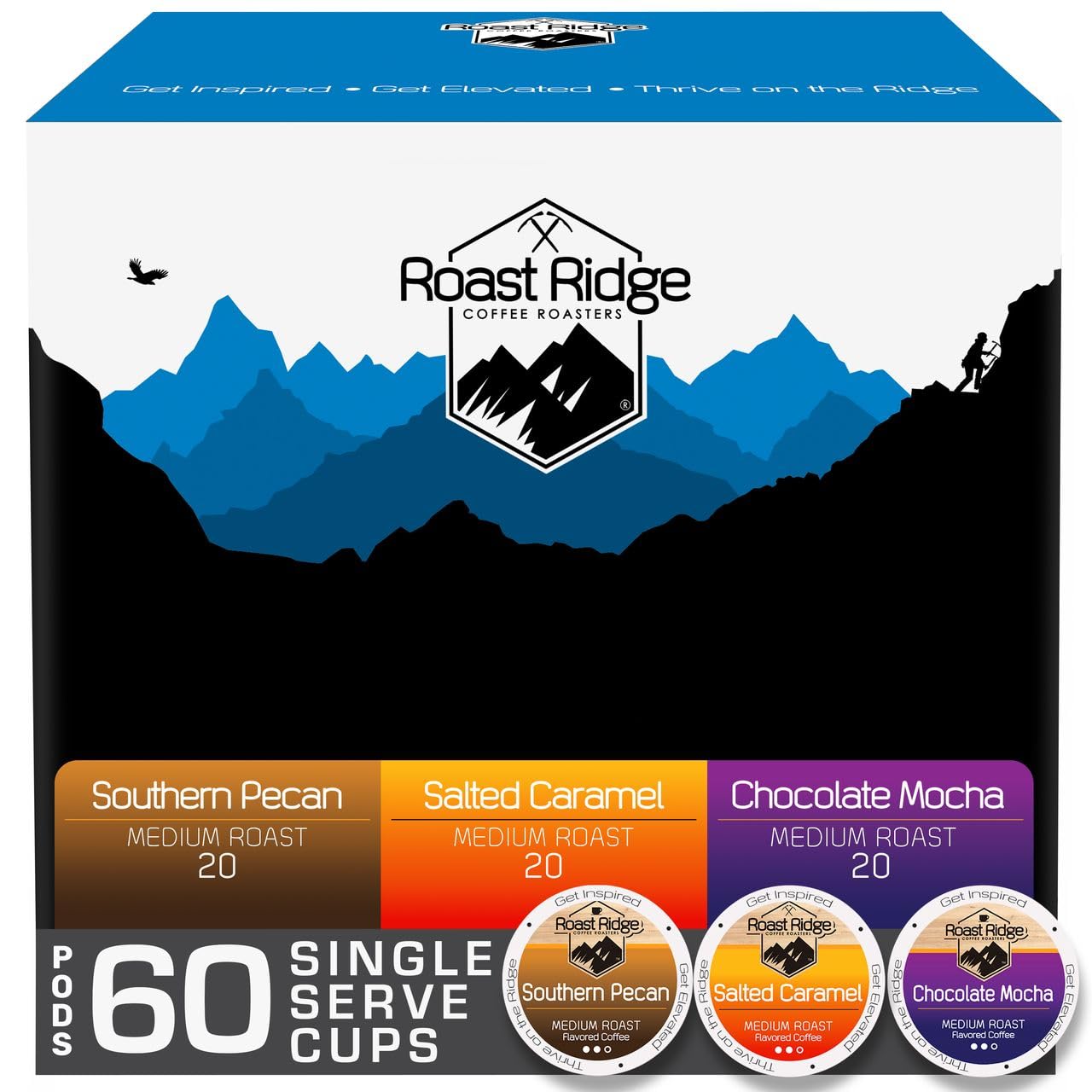 Roast Ridge Single Serve Coffee Pods for Keurig K-Cup Brewers, Flavored Variety Pack, Medium Roast, 60 Count (20 each: Southern Pecan, Salted Caramel