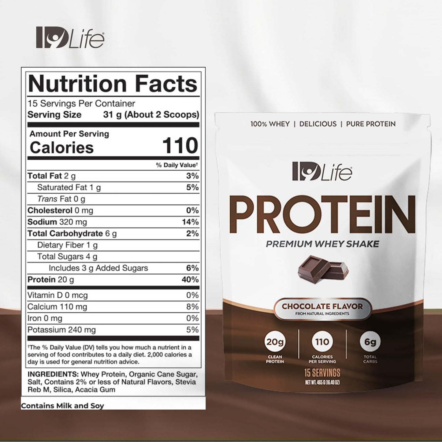 IDLife - Protein Shake - Chocolate Premium Whey Powder, 20g Protein, 110 Calories, 6g Carbs, Clean Nutrition Blend - 15 Servings 420g