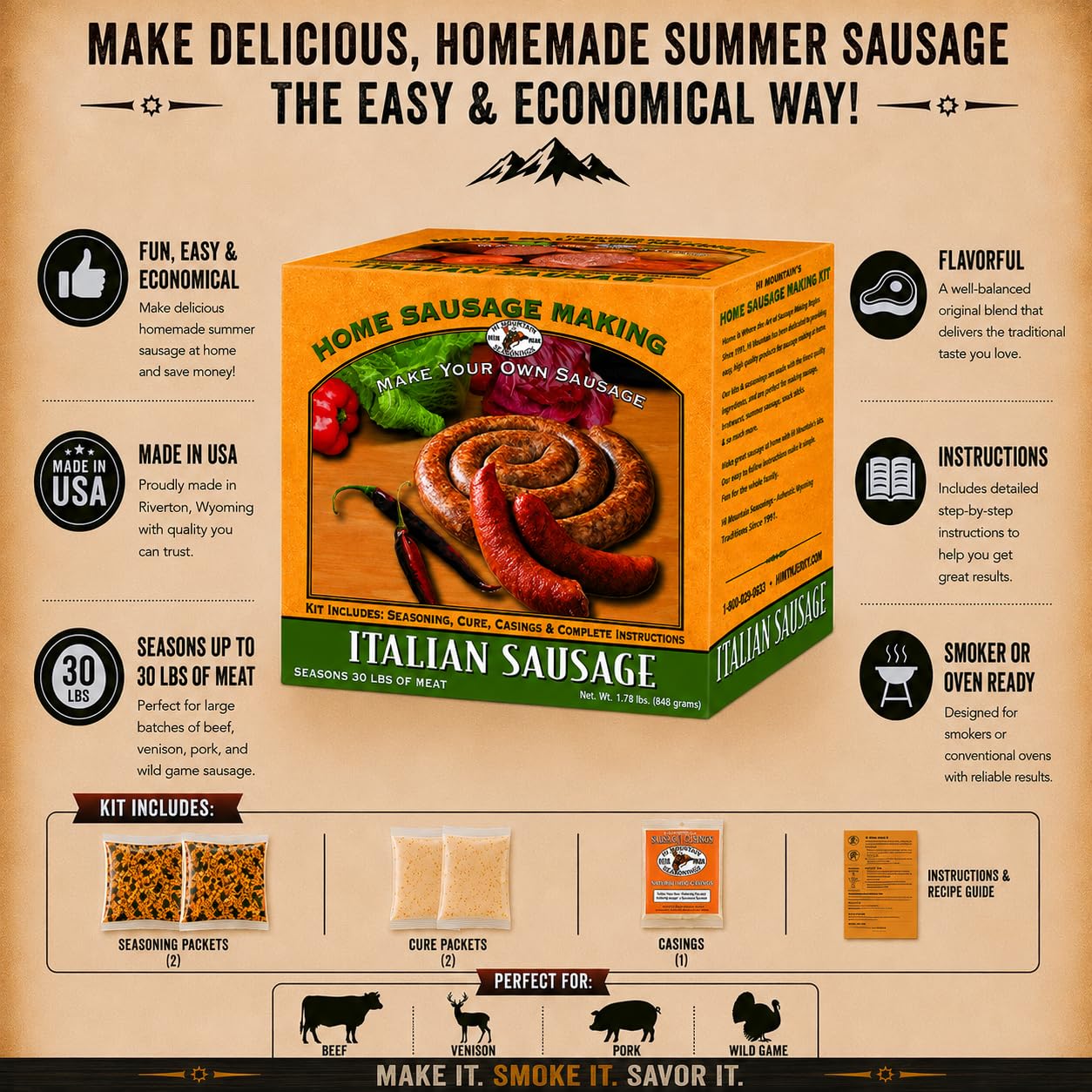 Hi Mountain Seasonings ? ITALIAN Sausage Making Kit ? Includes Sausage Seasoning, Cure, Natural Hog Casings, and Simple-to-Follow Directions ? Creates