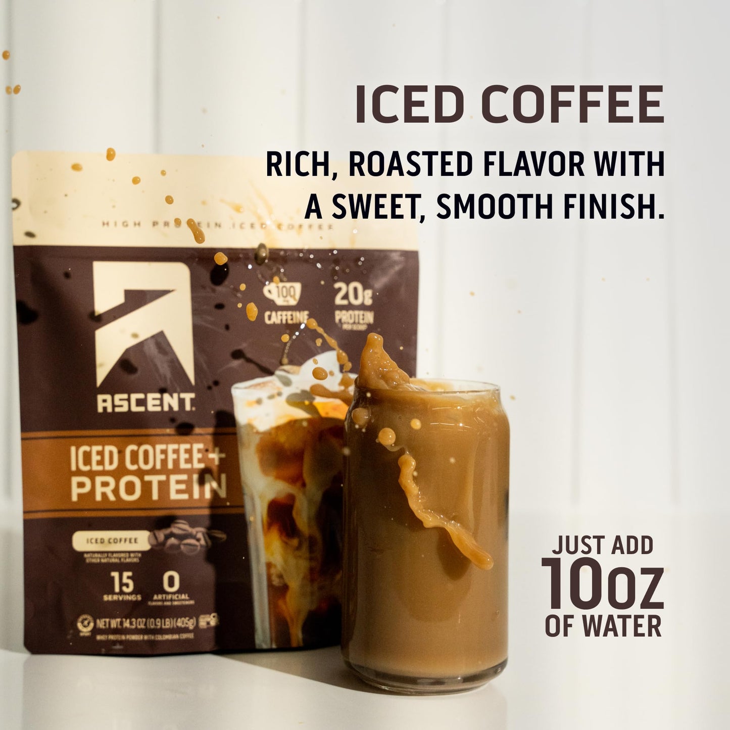 Ascent Iced Coffee Protein Powder - High Protein Coffee Powder, 20 g Protein & 100 mg Caffeine from Premium Colombian Coffee, Zero Artificial Flavors