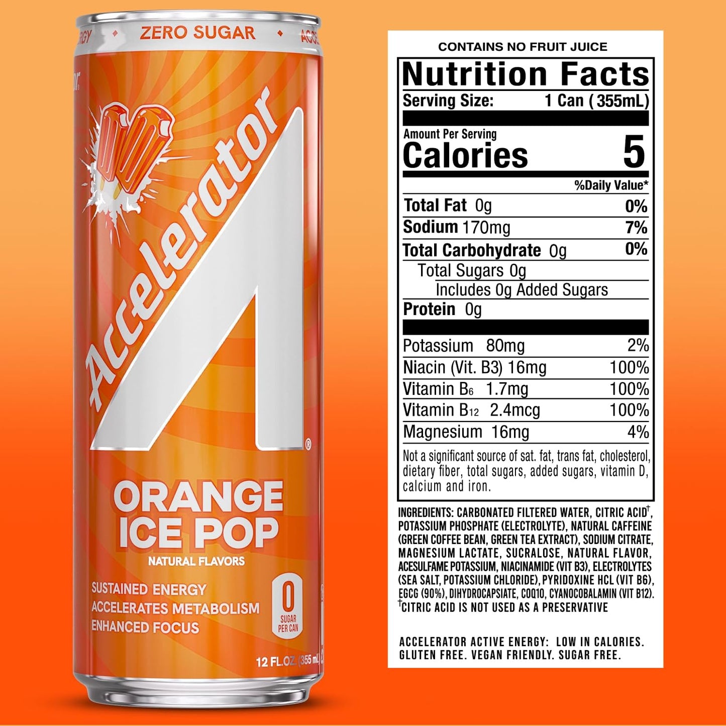 Accelerator Energy Drink, Orange Ice Pop 12oz can (12 pack), Zero Sugar, Sustained Energy from 100% Natural Caffeine (200mg from Green Coffee Bean