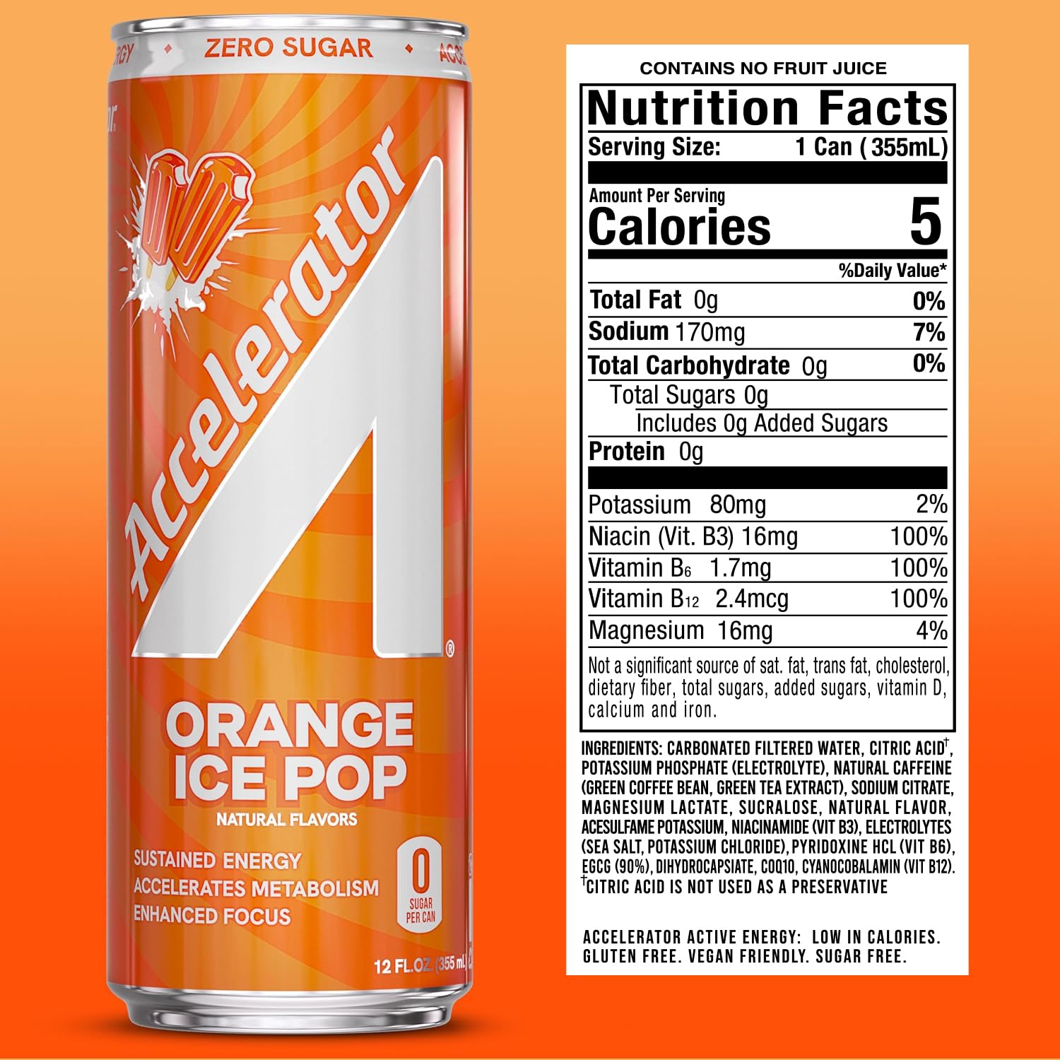 Accelerator Energy Drink, Orange Ice Pop 12oz can (12 pack), Zero Sugar, Sustained Energy from 100% Natural Caffeine (200mg from Green Coffee Bean