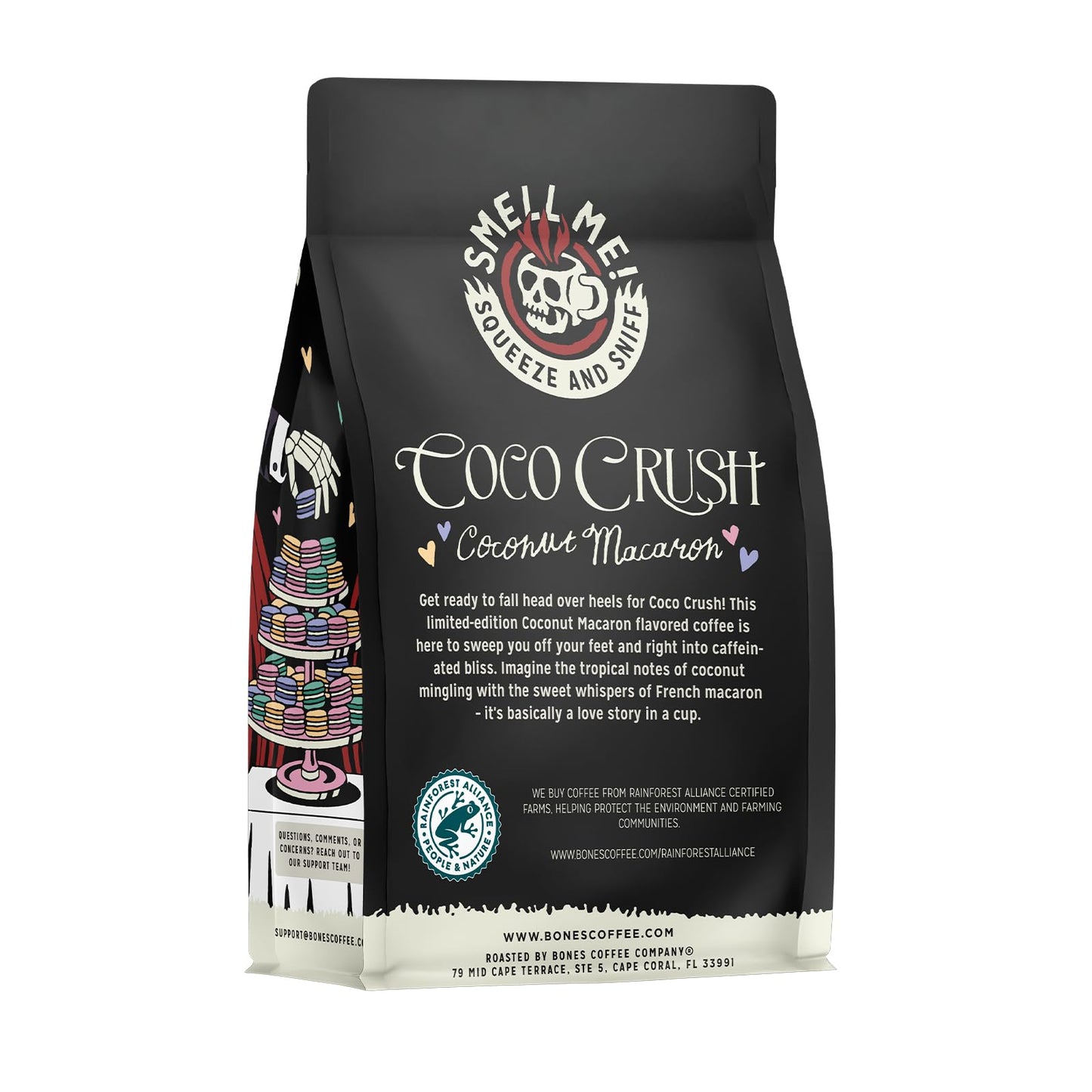 Bones Coffee Company Coco Crush, Coconut Macaron Flavored Coffee, Medium Roast Low Acid Arabica Beans Compatible with Auto drip and French Press