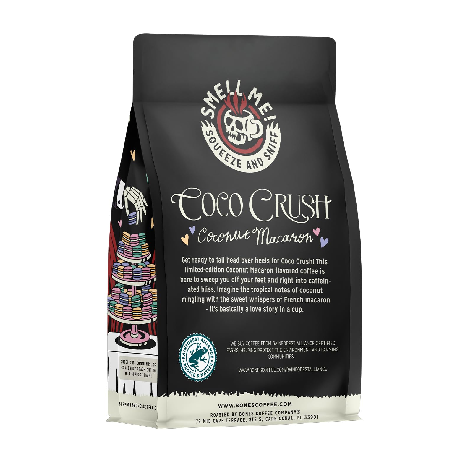 Bones Coffee Company Coco Crush, Coconut Macaron Flavored Coffee, Medium Roast Low Acid Arabica Beans Compatible with Auto drip and French Press