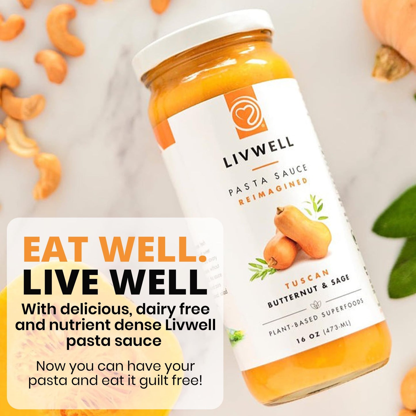 LIVWELL Tuscan Butternut Squash Pasta Sauce - Pack of 6 Plant Based Tuscan Sweet Butternut Squash & Sage Dairy Free Pasta Sauce with Virgin Olive Oil