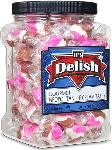 Neapolitan Ice Cream Taffy Chews by It's Delish, 18 Oz Jumbo Container - Individually Wrapped Gourmet Soft Fluff Taffy - Great Candy for Pink Ice