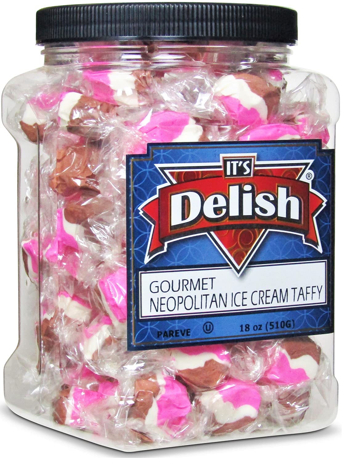 Neapolitan Ice Cream Taffy Chews by It's Delish, 18 Oz Jumbo Container - Individually Wrapped Gourmet Soft Fluff Taffy - Great Candy for Pink Ice