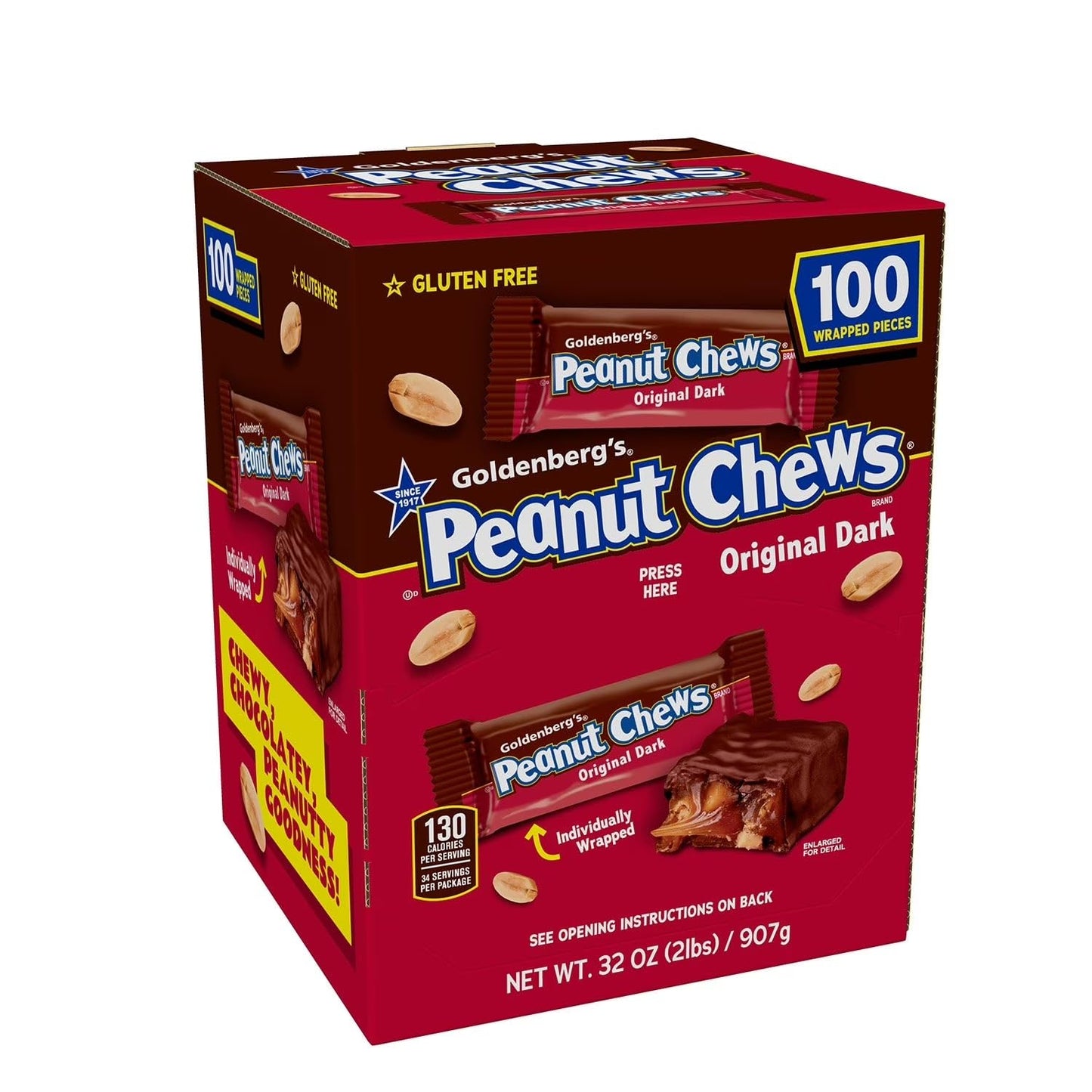Goldenberg's Peanut Chews Original Dark, Gluten Free, Individually Wrapped, 100 Pieces, 32 oz (2lbs)