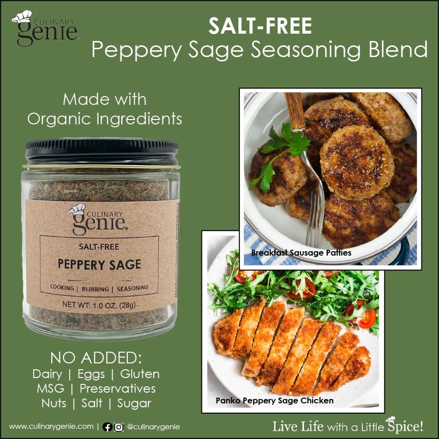 Culinary Genie Salt-Free Peppery Sage Seasoning Blend - Savory Sausage & Poultry Style Spice Blend, No Salt Added