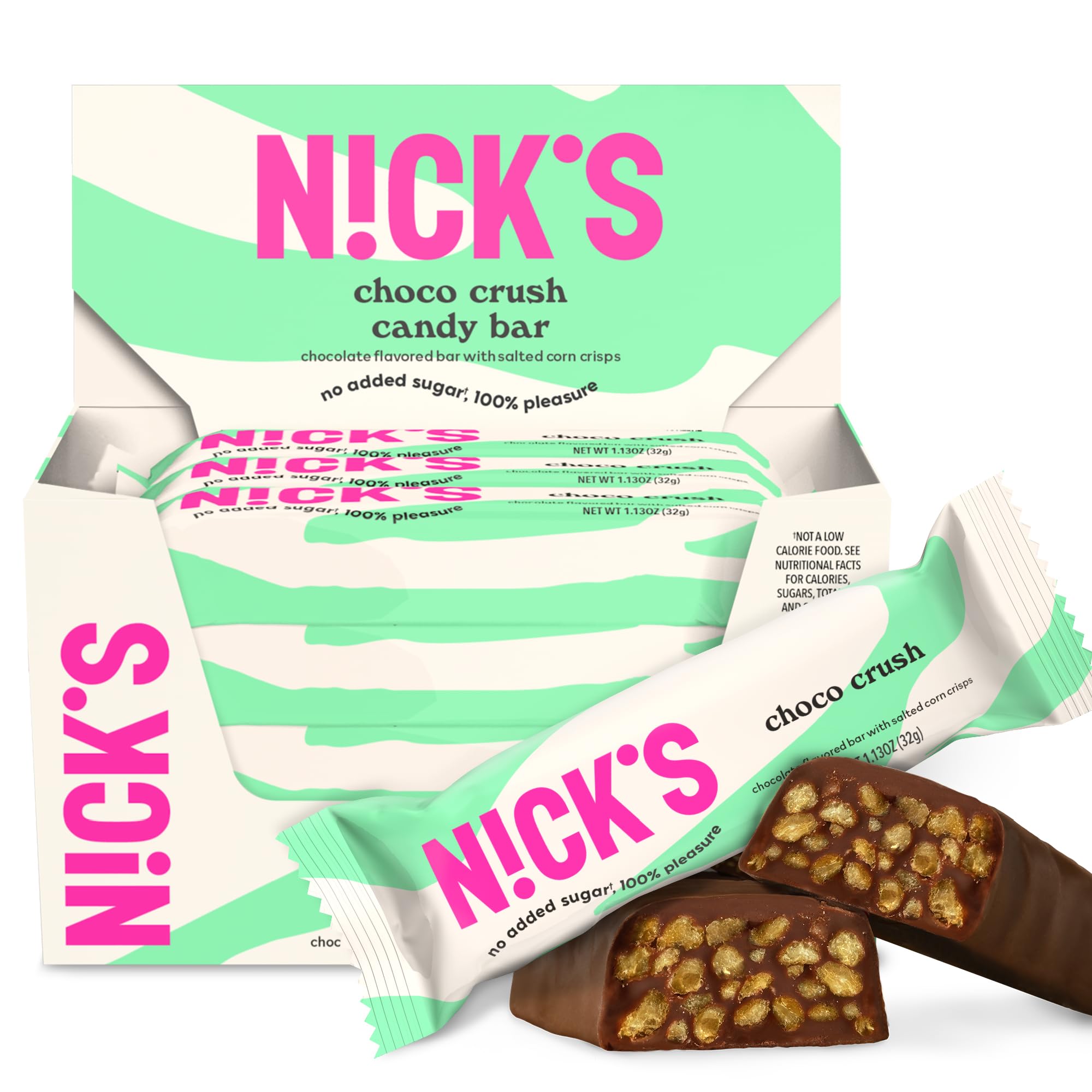 N!CK'S Choco Crush Chocolate Candy Bar with Salted Corn Puffs, No Added Sugar, Gluten Free, 160 Calories, 1.13 oz - 15-Pack (32g Each)
