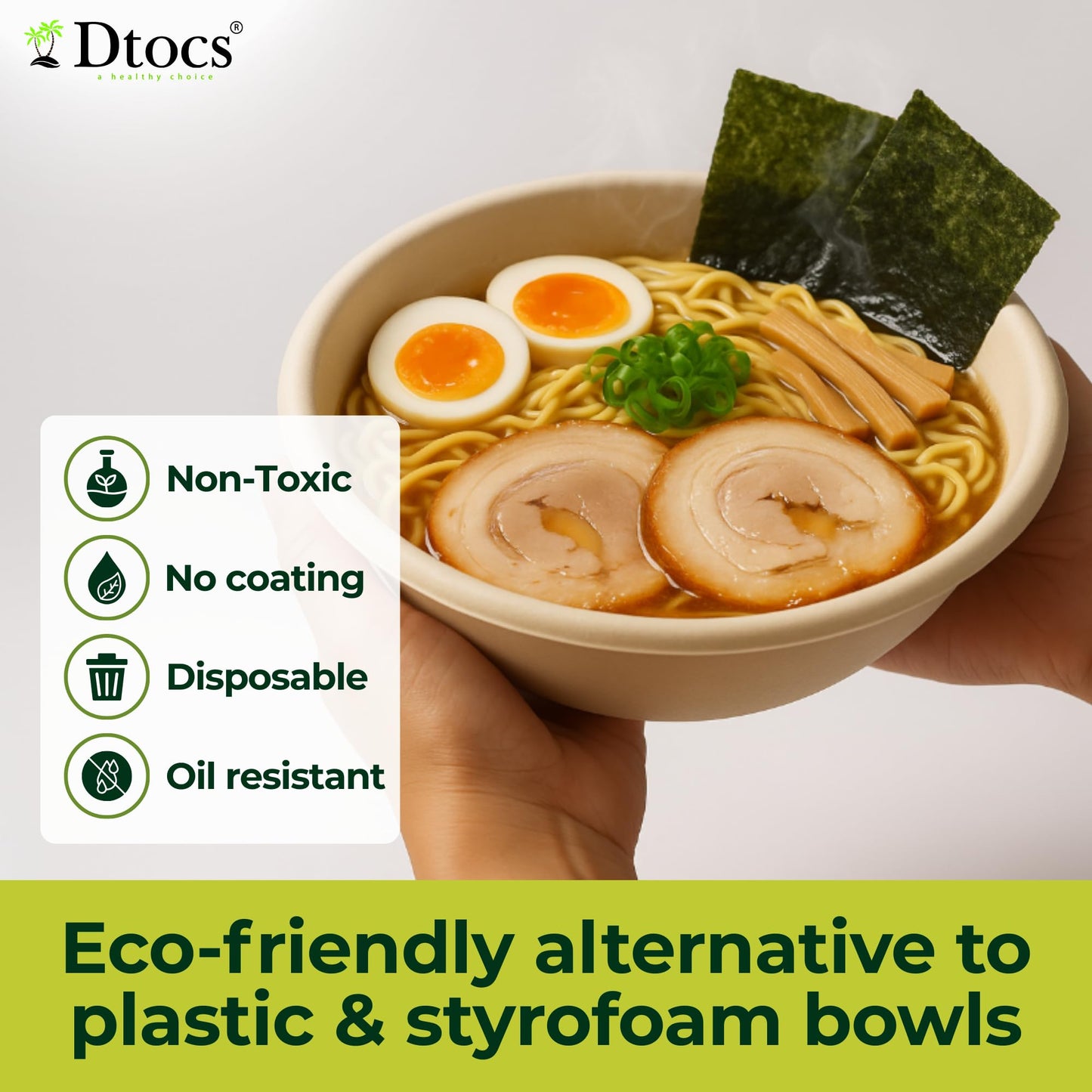 Dtocs Bamboo Fiber Disposable Bowls - 28 Oz, 70 Pk | Eco Friendly Large Bowl | Microwave Safe Bagasse Bowl for Soup, Dessert, Salad bowls | Disposable