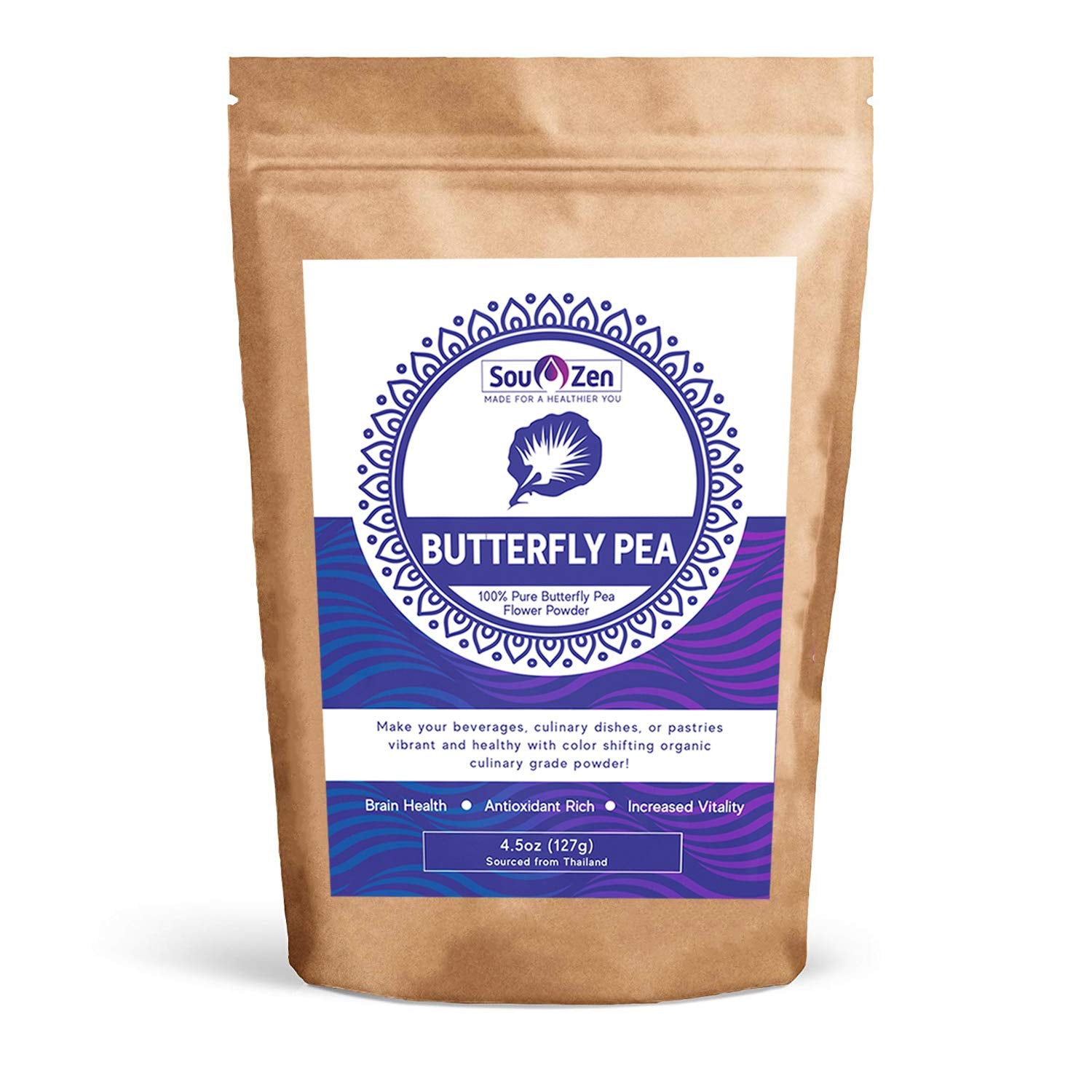 Sou Zen - 100% Blue Butterfly Pea Powder 4.5oz (127g) Culinary Grade | Premium Quality | Naturally Organic Superfood, Raw | Mix with Beverages