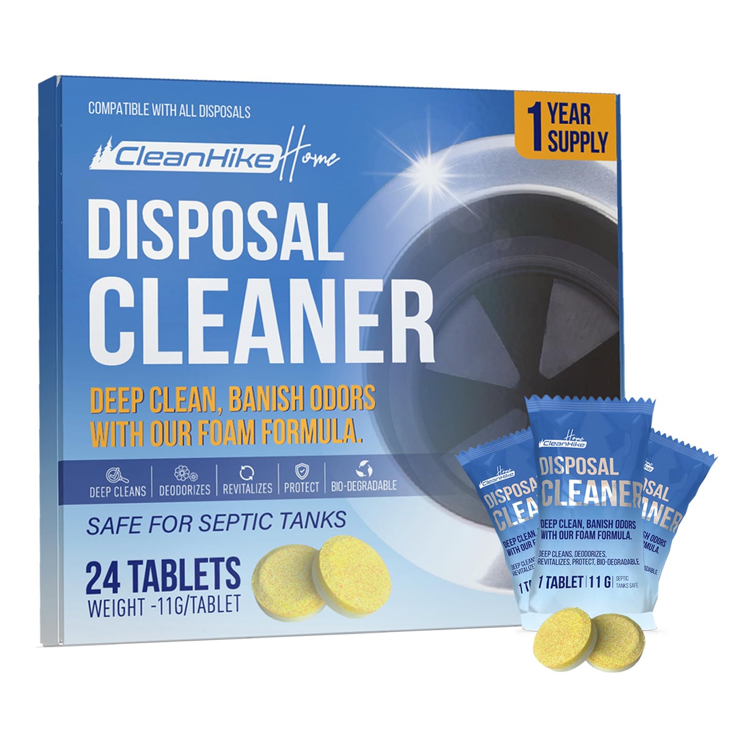 CleanHike Garbage Disposal Cleaning Deodorizer Tablets - (24 Pack), Super Fresh Lemon Foam Deep Cleaning Action Sink, Garburator, Disposer Freshener