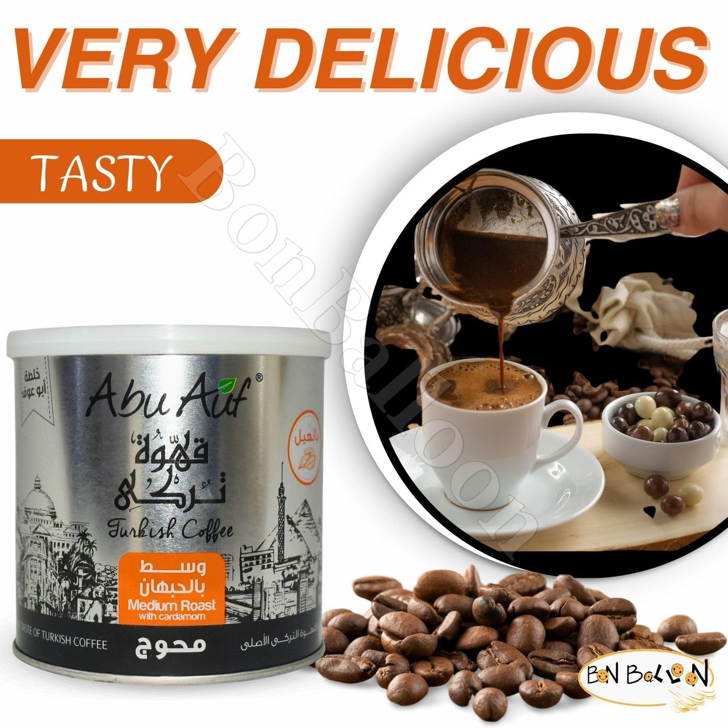 Abu Auf AbuAuf Oriental Original Turkish Coffee Cafe Arabian Arabic Arabica Ground Roasted Mud Coffee Medium Roast Blend (Medium Roast With Cardamom