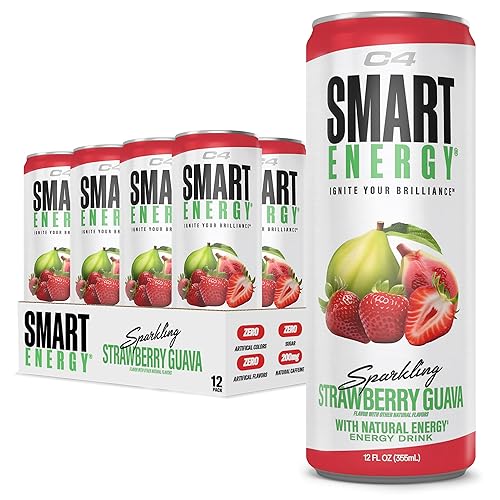 C4 Smart Energy Drink - Sugar Free Performance Fuel & Nootropic Brain Booster, Coffee Substitute or Alternative | Strawberry Guava 12 Oz - 12 Pack