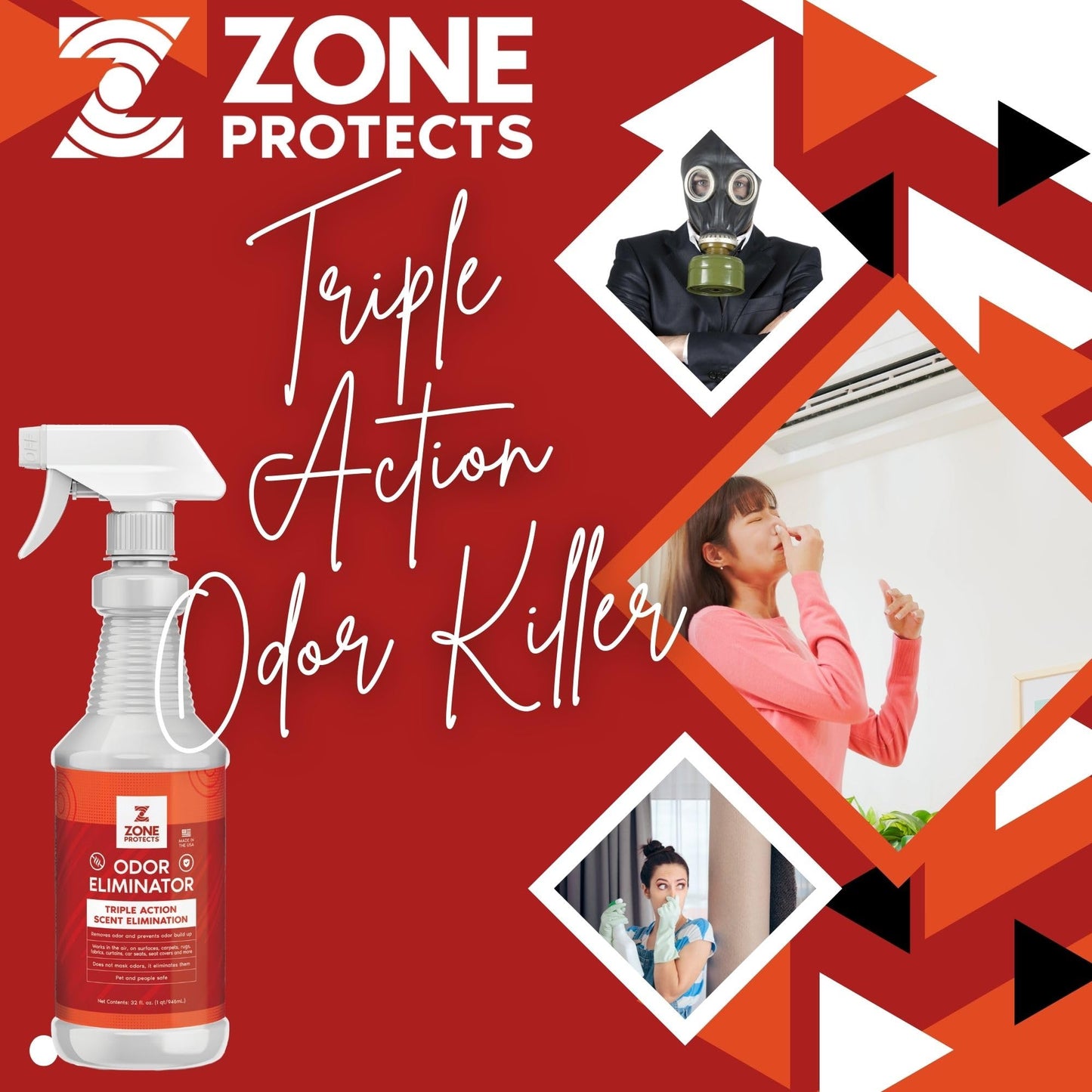 Zone Protects POWER Home Odor Eliminator Spray; 32oz Triple Action Formula Eliminates Smells and Odors; Multi-Use, Safe and Highly Effective