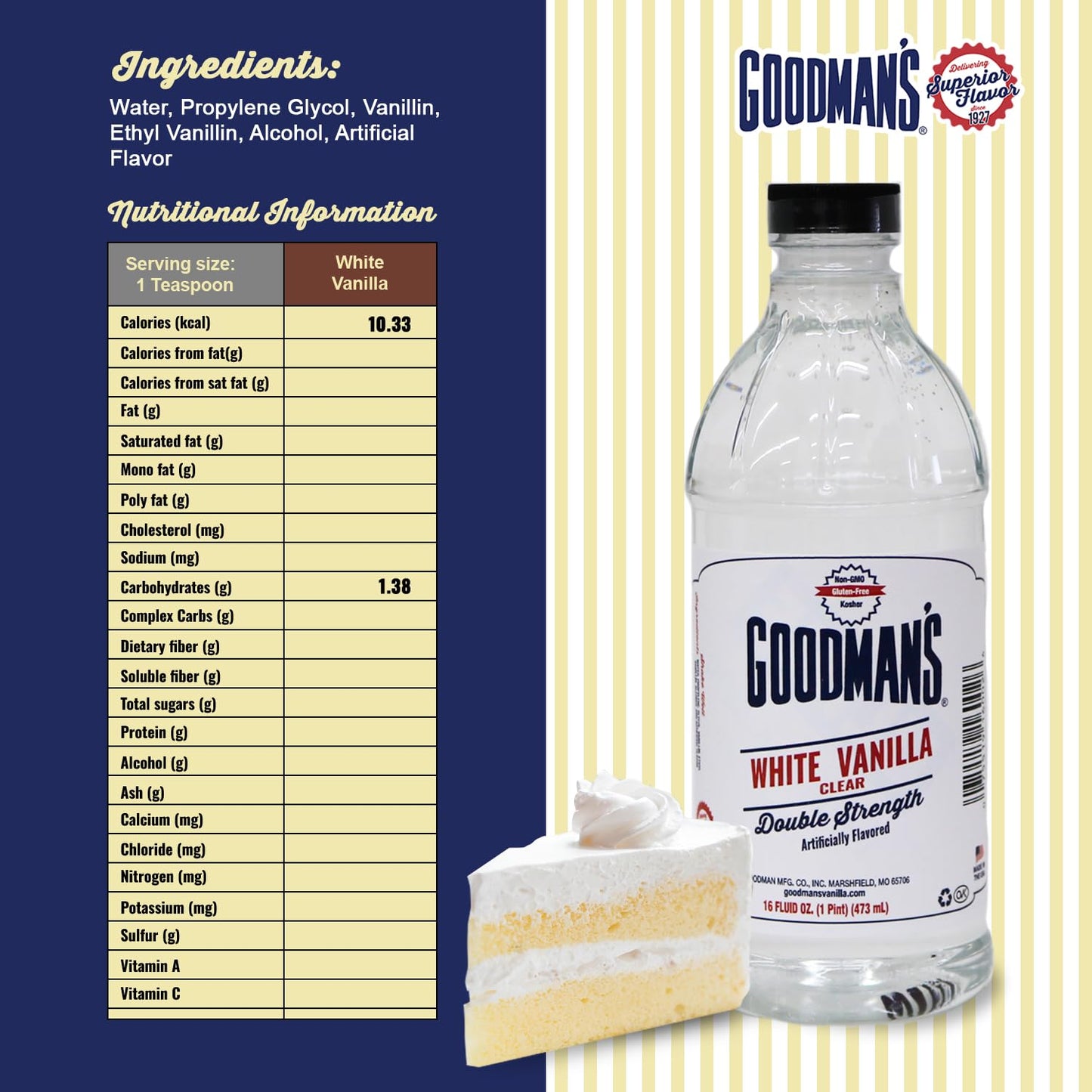 Goodman's White Vanilla Clear Double Strength Artificial Flavor - Gluten-Free, Non-GMO, Kosher, Low Carb & Low Calorie - Vanilla Flavor Ideal