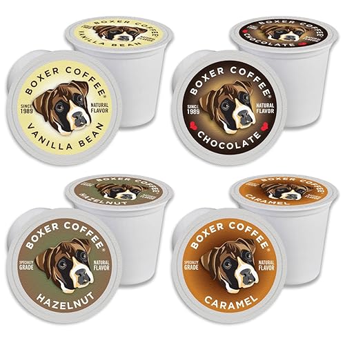 Boxer Coffee Cozy Classics Variety Naturally Flavored Pods compatible with Keurig K-Cup, 48 count - Vanilla, Chocolate, Hazelnut, Caramel