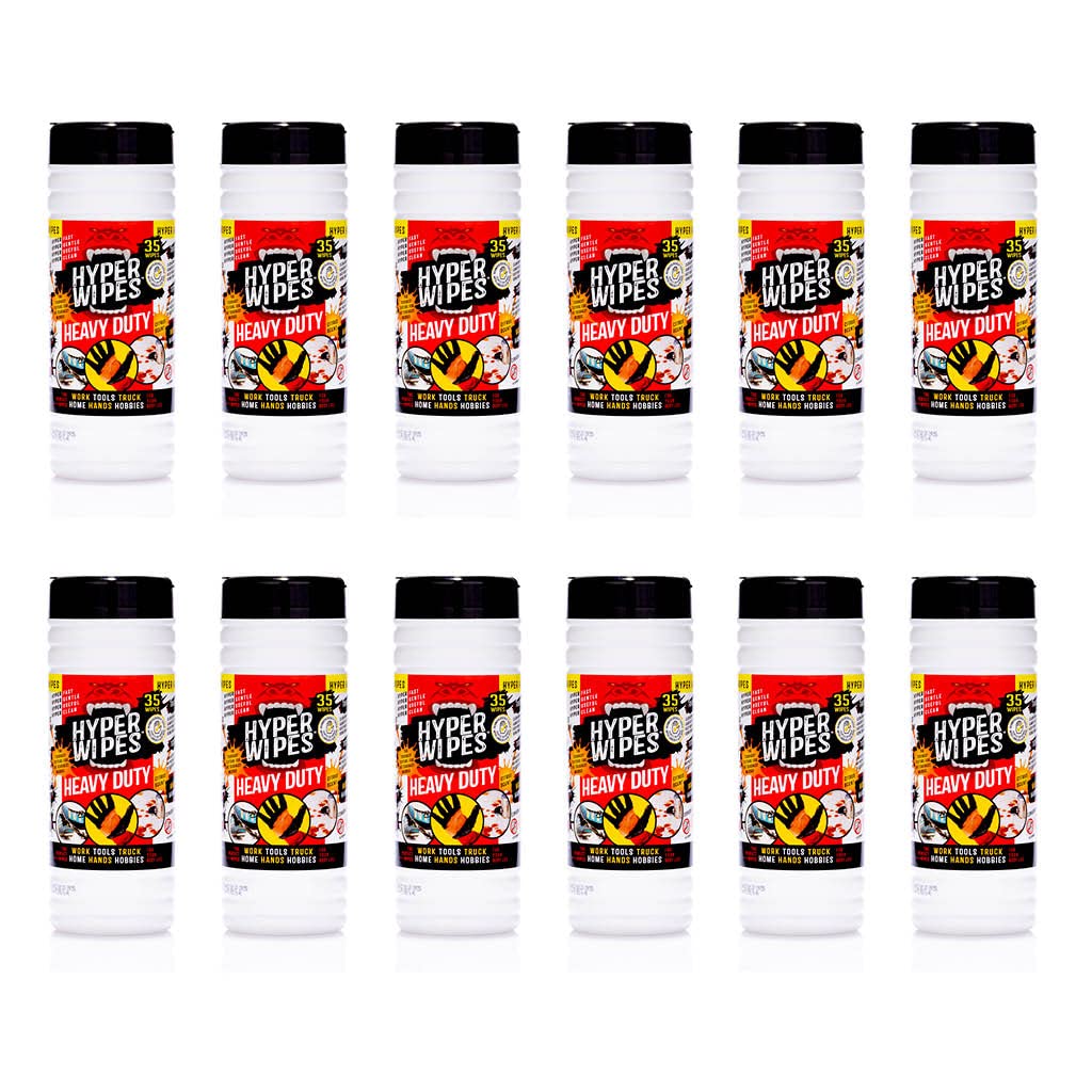 Hyper Wipes, 12 Pack Heavy Duty Hand & Tool Cleaning Wipes, 7"x12" Size Multi-Surface Cleaning Wipes, Degreasing, All Purpose Cleaner, Bathroom