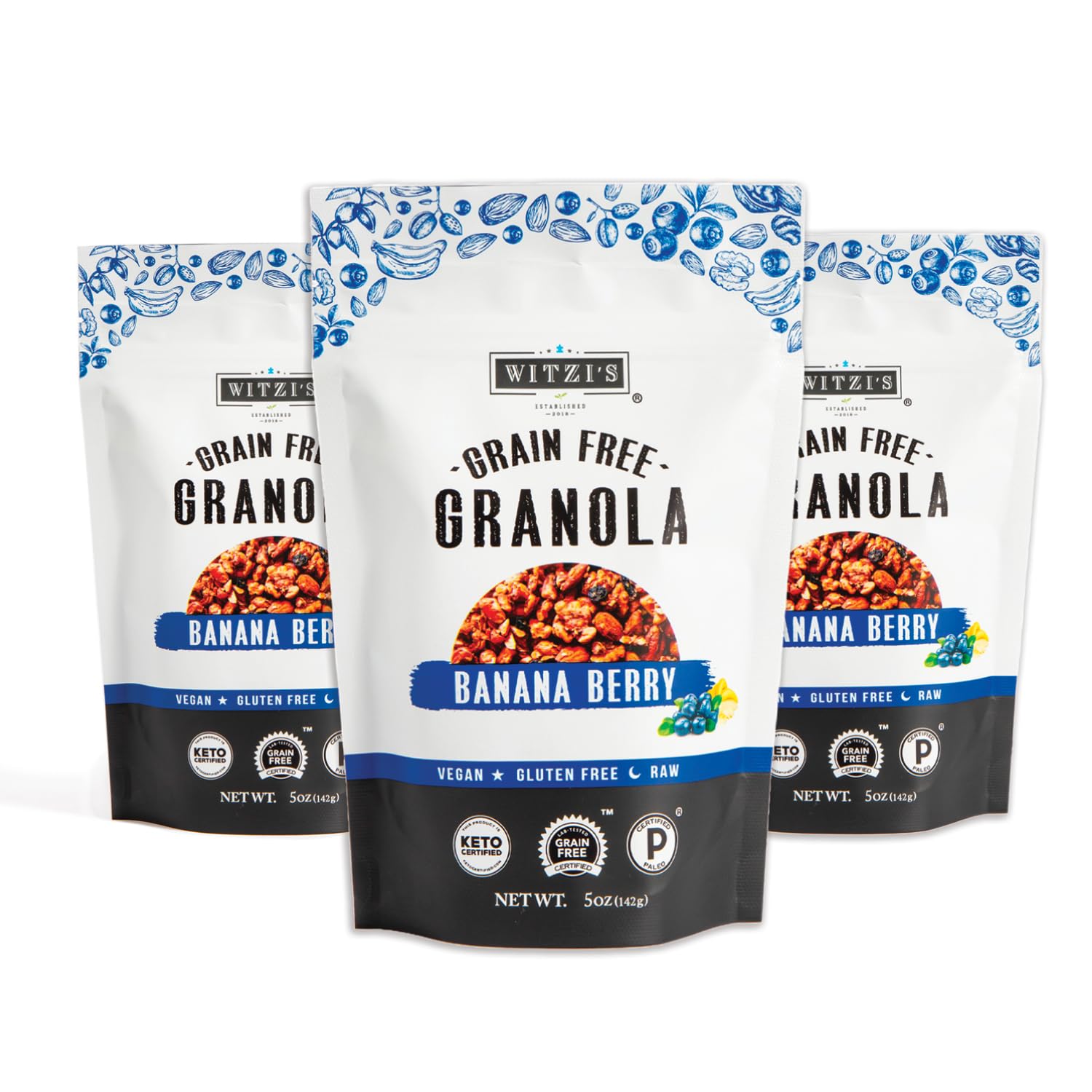 Witzi's Grain Free Granola, Banana Berry, 5oz (Pack of 3), Made with Almonds, Banana & Blueberries, Vegan, Keto, Gluten Free, Healthy Snack
