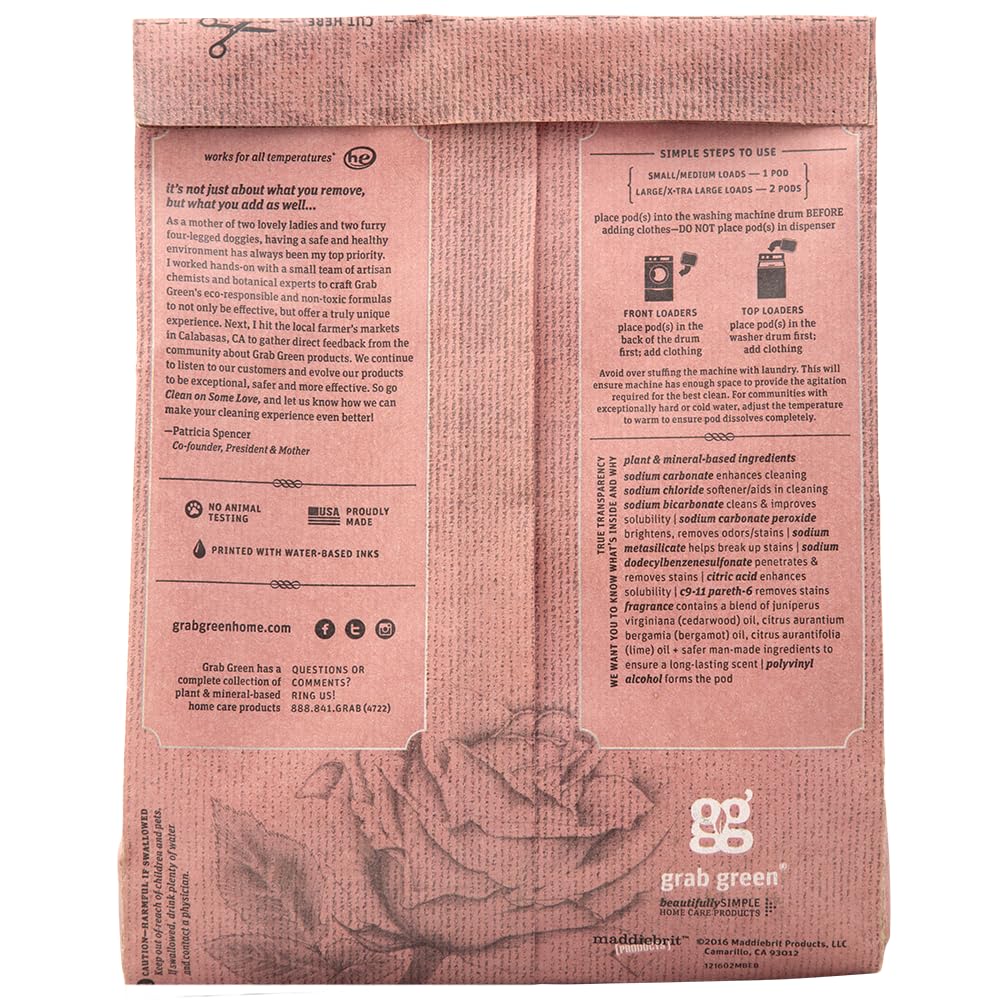 Grab Green Stoneworks Laundry Detergent Pods, Powered by Naturally-Derived Plant & Mineral-Based Powder Pods, Rose Petal, 50 Count (Pack of 1)