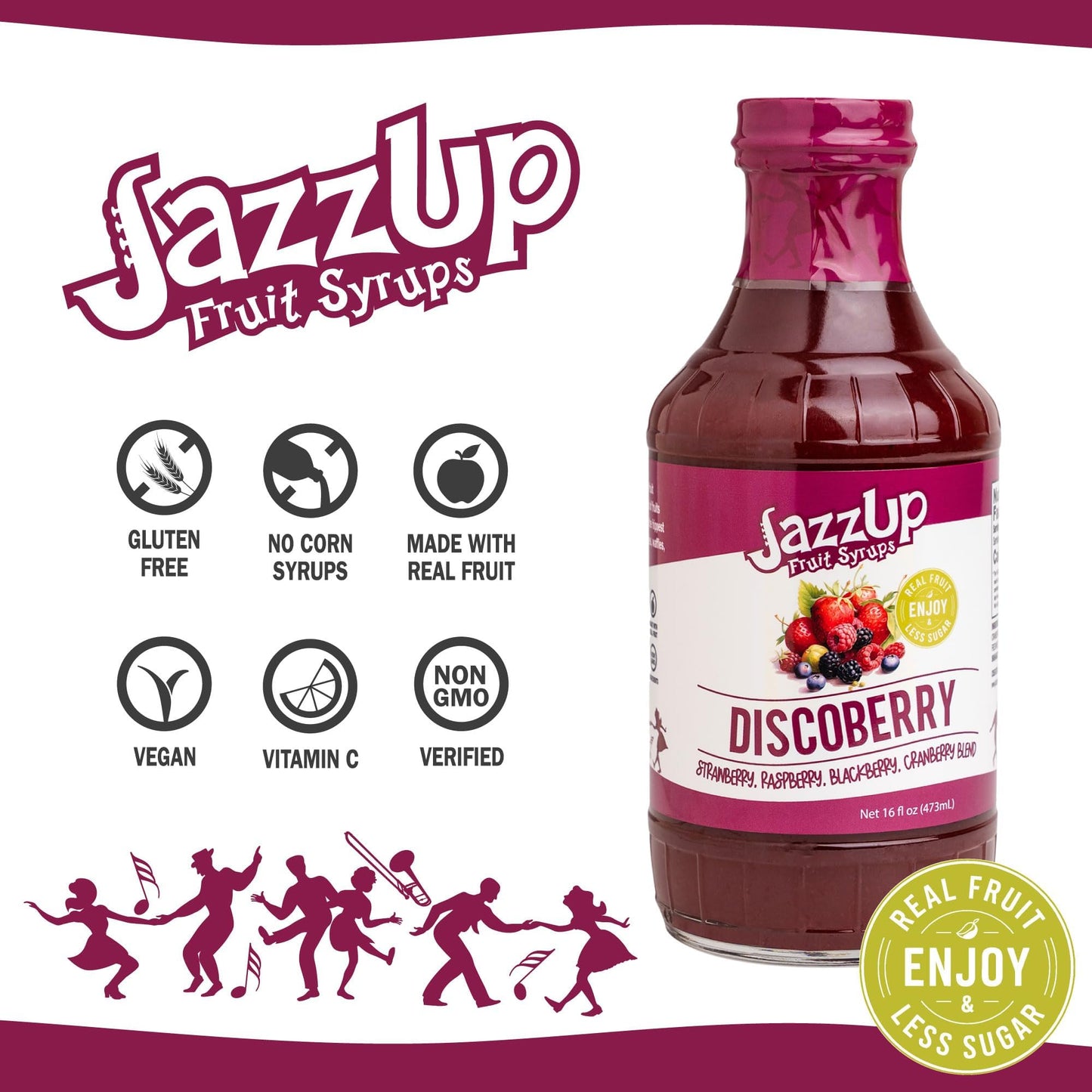 Jazzup Discoberry (Mixed Berry) Real Fruit Syrup - Pancakes, Waffles, Crepes, Lemonades, Cocktails & Drink Mixing - 16oz