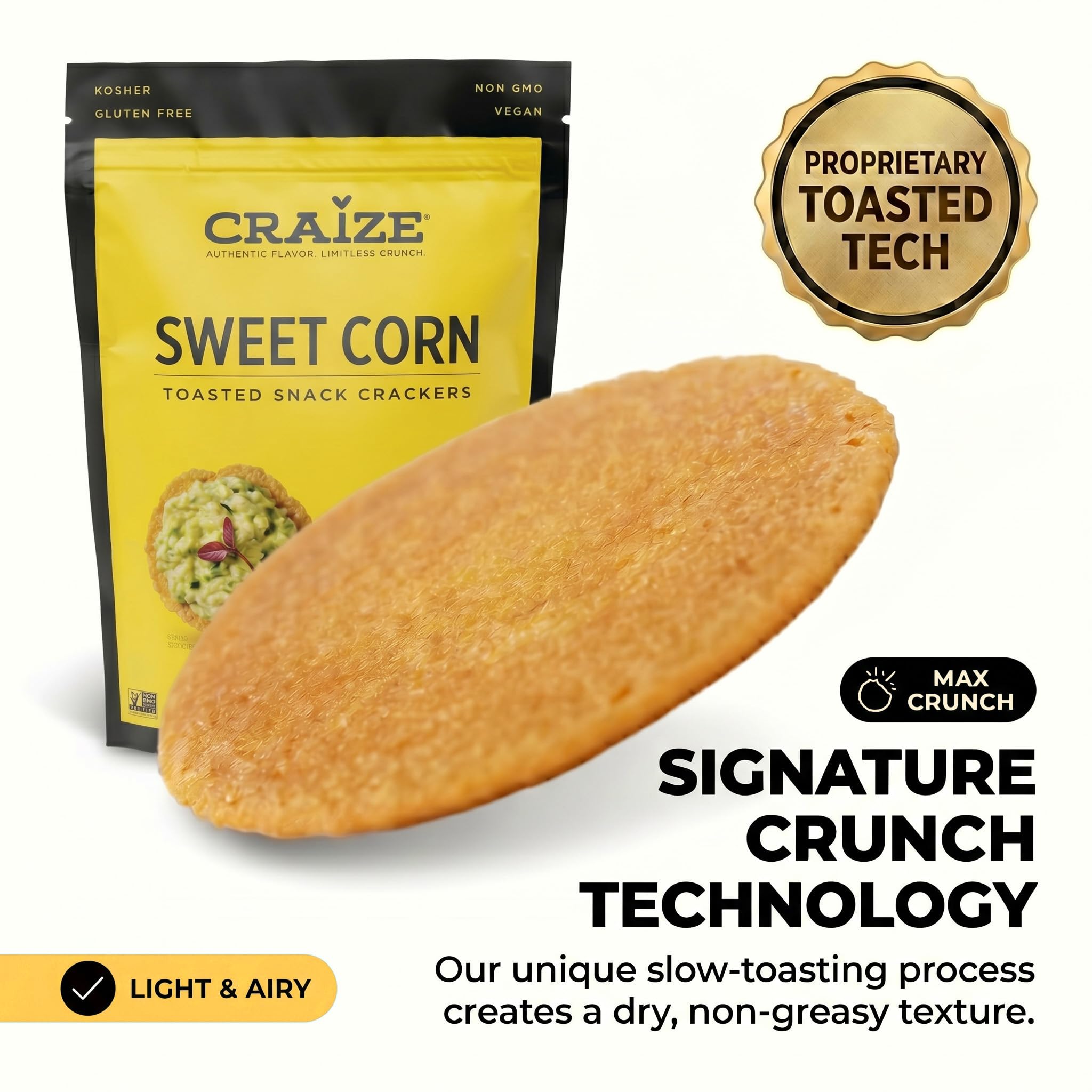 Craize Sweet Corn Crisps | Gluten Free, Vegan, Kosher, Toasted Corn Crackers | 4 oz each