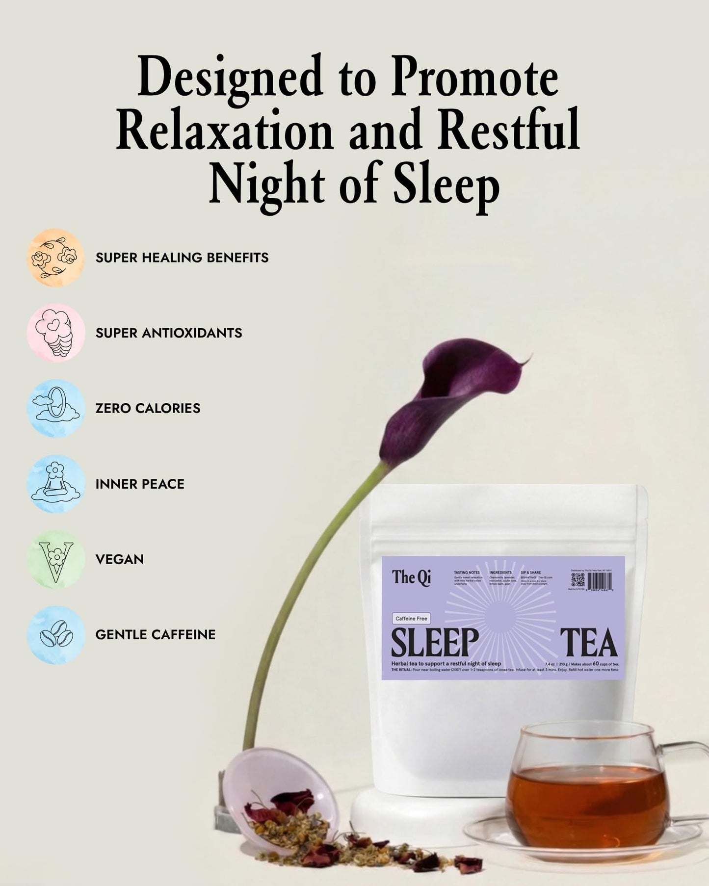The-Qi Sleep Herbal Tea - 100% All Natural Whole Dried Flowers & Herbs Tea for Calm & Relaxation - Chamomile, Rose Petals, Lavender, Jujube Dates