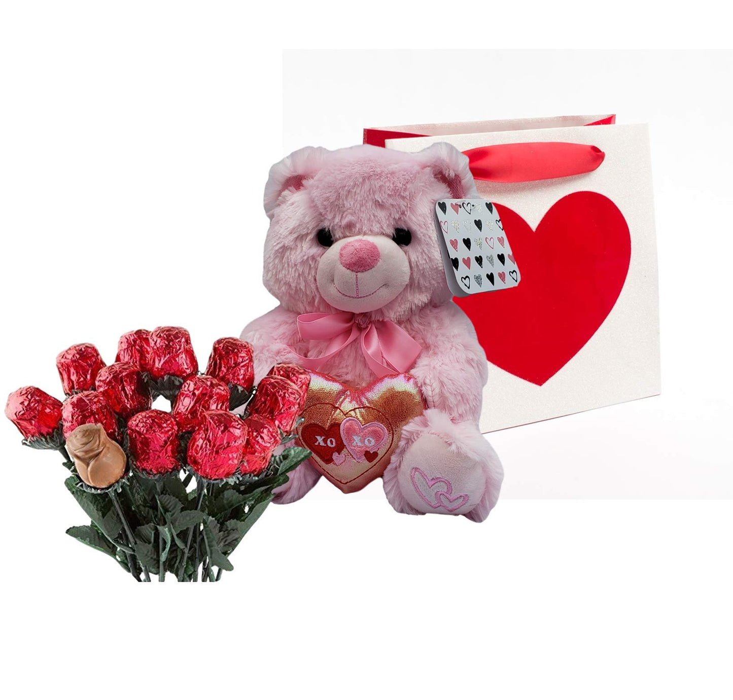 Valentines Day Gift Basket | 10 Inches Teddy Bear Plush (Color May Vary), Valentine Theme Gift Bag & A dozen Belgian Milk Chocolate Roses Bouquet 2.11