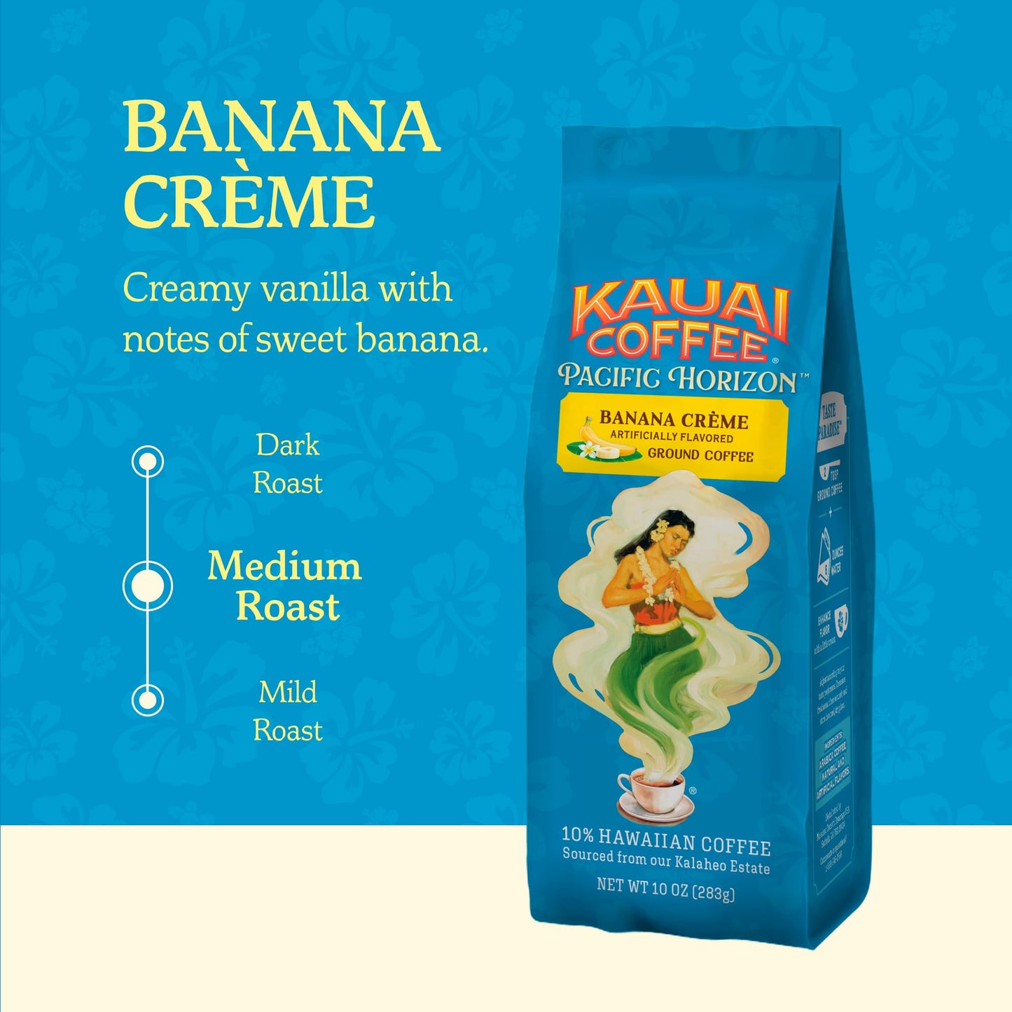 Kauai Coffee Ground Coffee - Smooth, Rich - Banana Flavor with Creamy Vanilla - Arabica Coffee, 10% Hawaiian with No Bitterness - Banana Crème, 1 Pack