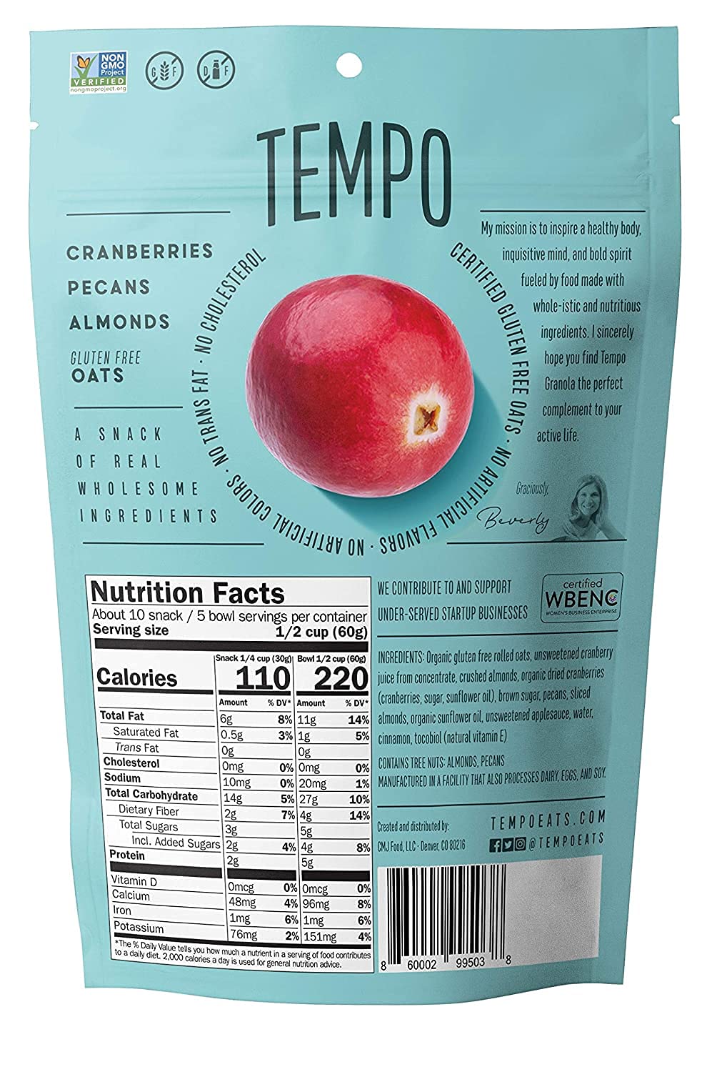 TEMPO GRANOLA Cranberry Pecan Almond Granola Clusters (3 Pack) Gluten Free Organic Oats, High Protein, Low Sugar, Vegan, Dairy Free, Soy Free