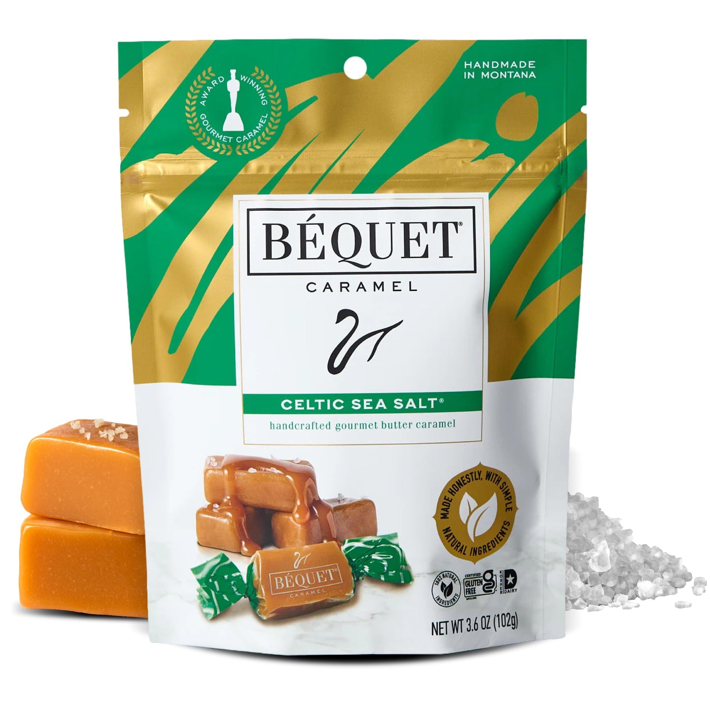 Béquet Caramel - Celtic Sea Salt Caramel - Gourmet Caramel Candy - Salted Caramel Candy Individually Wrapped - Made in Montana - Kosher (Star D)