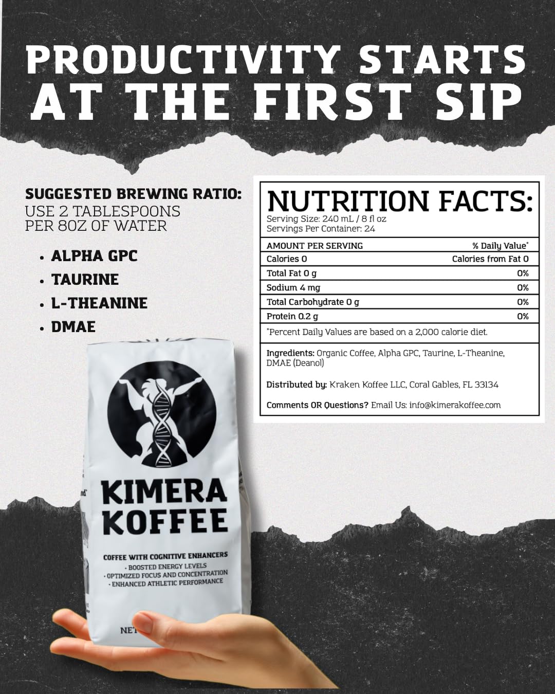 Kimera Koffee Original Blend - Organic Medium Roast Nootropic Coffee with Alpha-GPC, Taurine, DMAE, L-Theanine, 12oz Ground