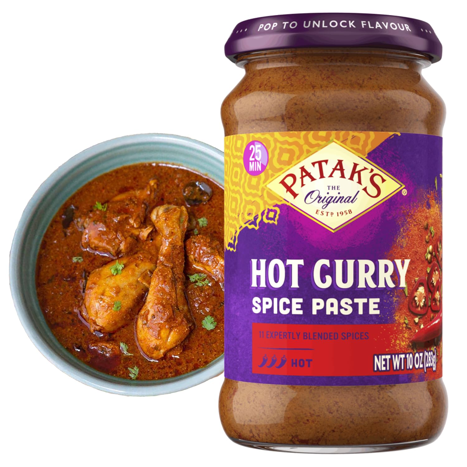 Patak’s Hot Curry Spice Paste - Hot Indian Cooking Paste with Freshly Ground Spices - Ideal for Chicken, Vegetables, and One-Pot Meals - Spicy Curry