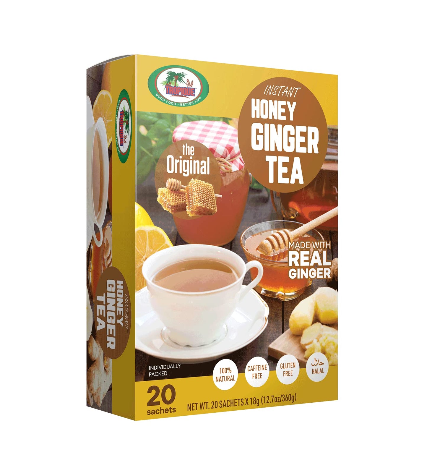 Ginger Tea with Honey - Original Flavor - Instant Herbal Ginger Drink - 20 Sachets - Tropique