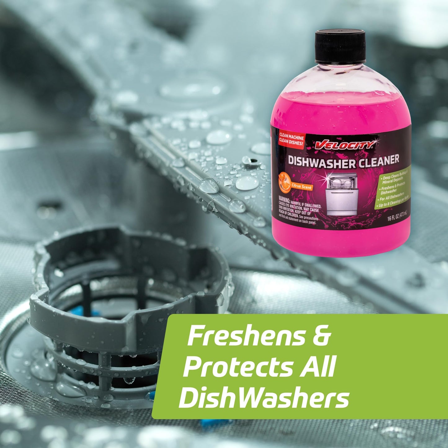 Velocity Dishwasher Cleaner and Deodorizer - 8 Uses Per Bottle. Dishwasher Cleaner and Descaler Deodorizes Interior for Sparkling Dishes, Freshens