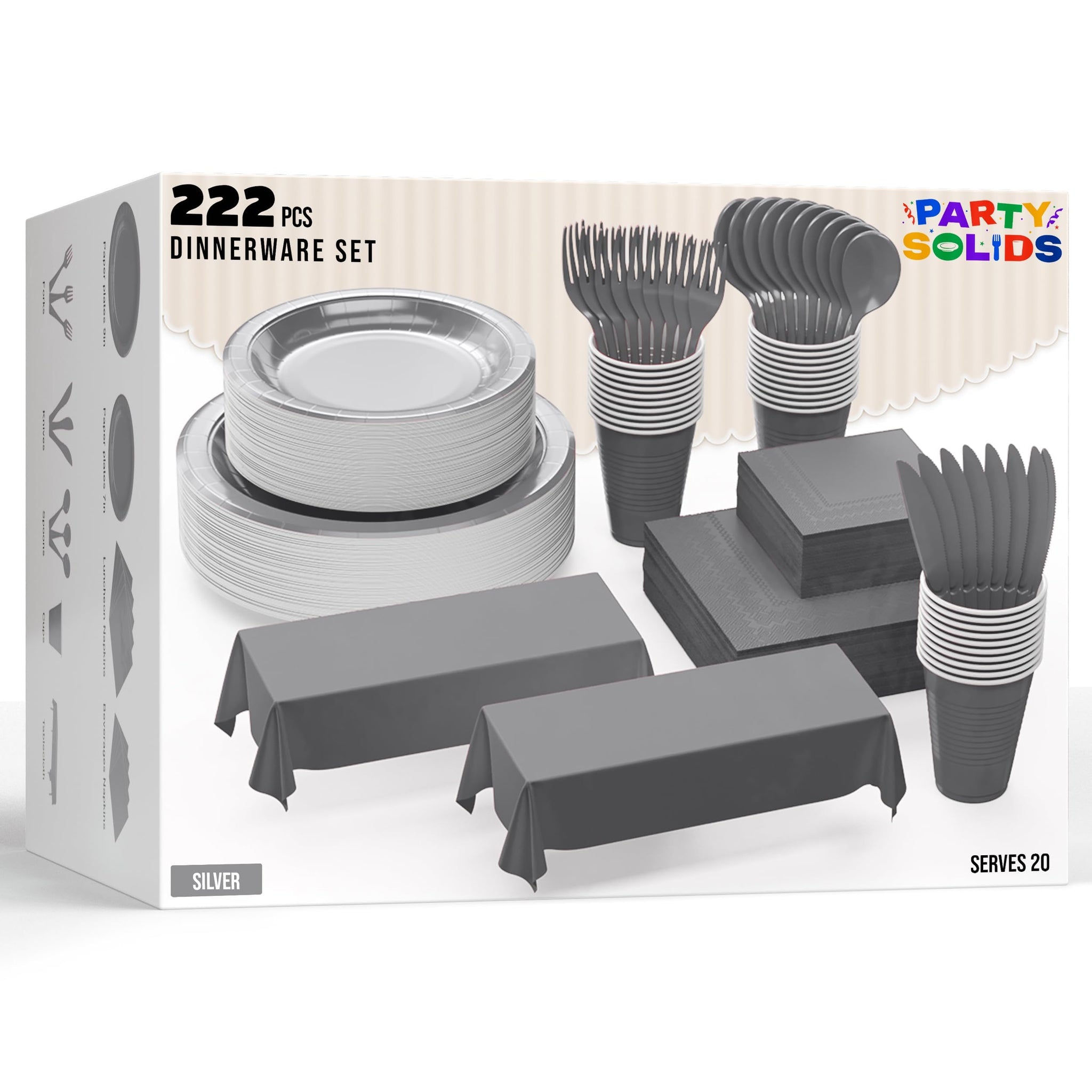 Party Solids 222 Pcs Silver Paper Plates and Napkins Sets, Disposable Plates For Party, Lunch & Cocktail Napkins Paper, 18oz Plastic Cups, Cutlery