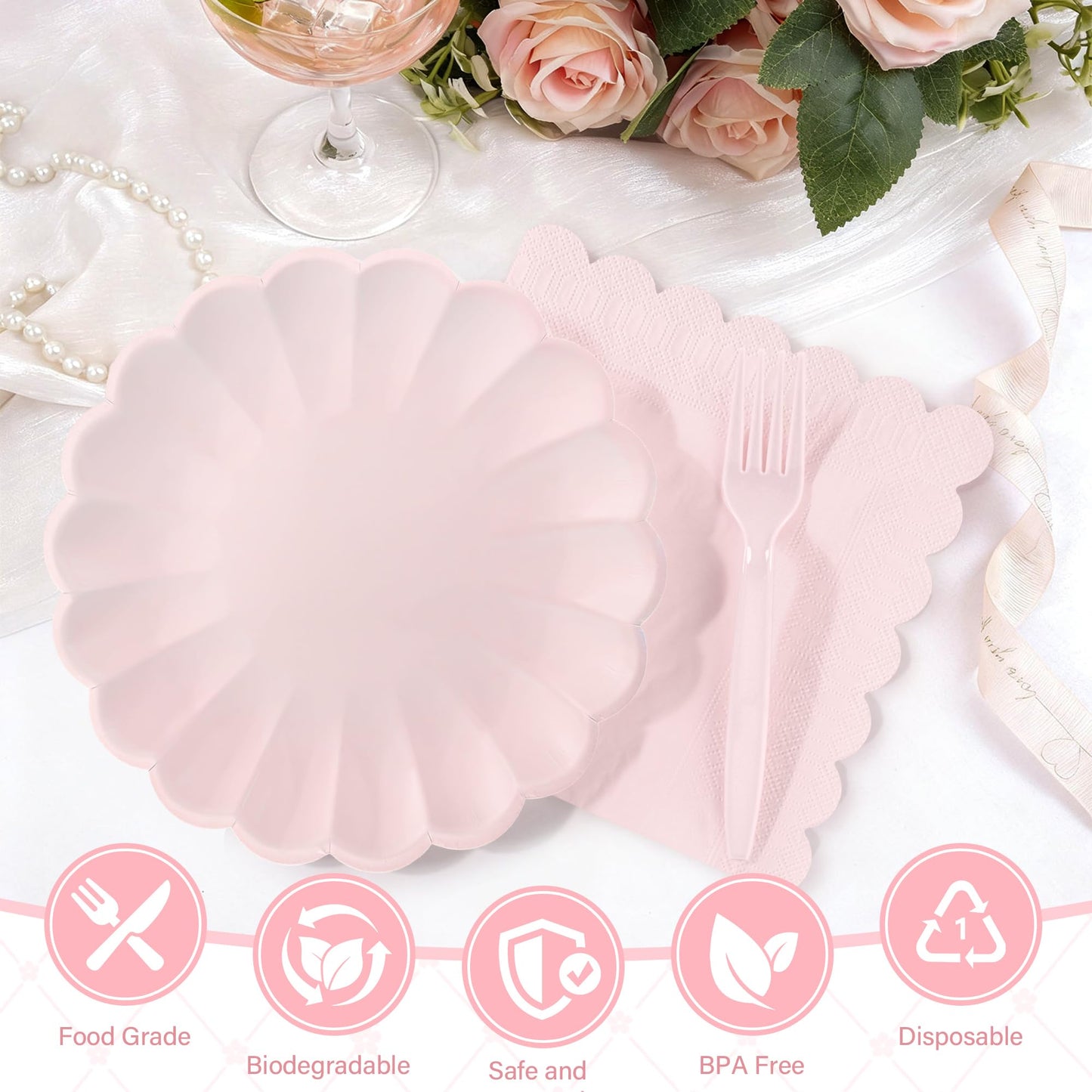 75 Pcs Pink Paper Plates and Napkins Disposable Tableware Set Include Light Pink Scalloped Plates with Shell Edge, Napkins & Forks for Mother's Day