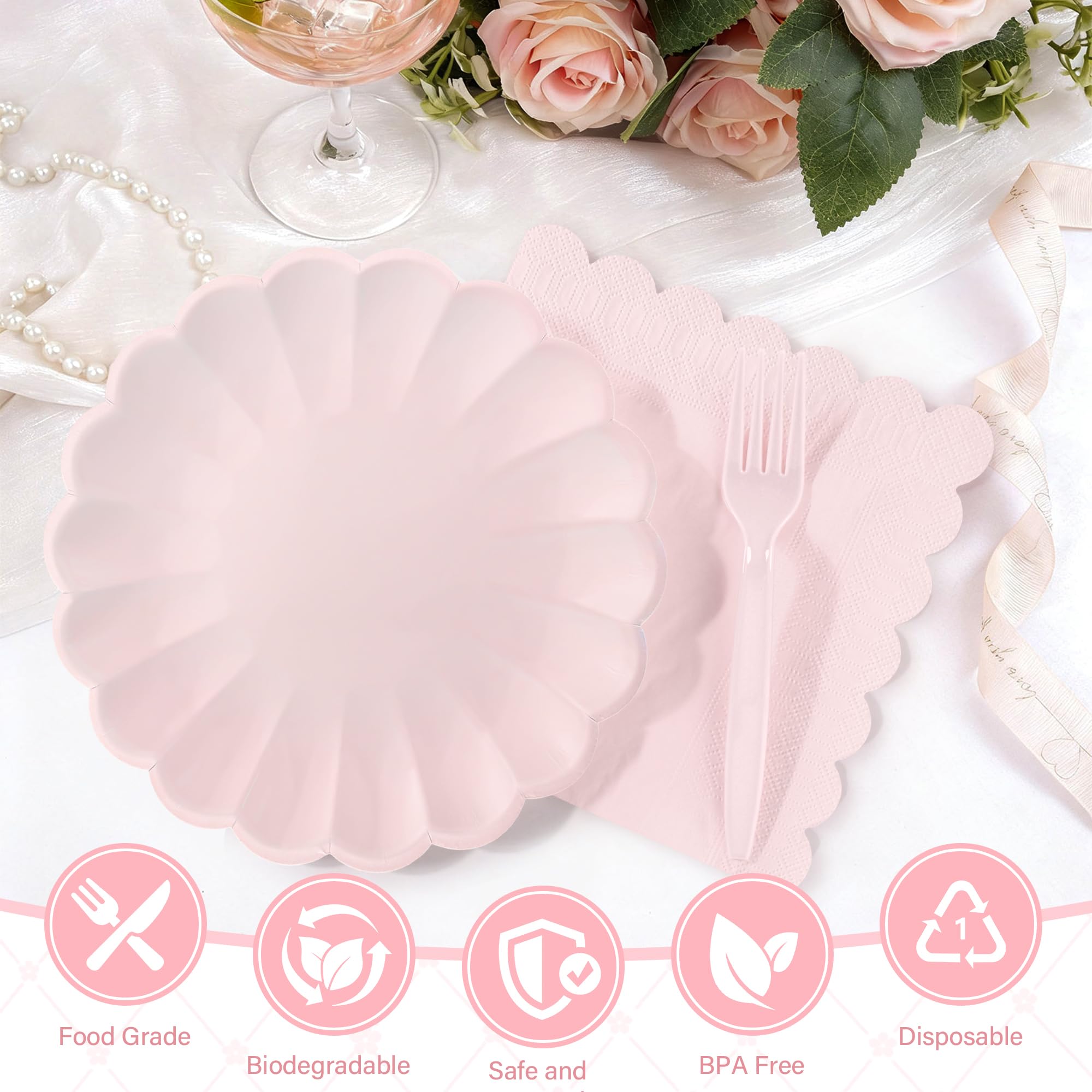 75 Pcs Pink Paper Plates and Napkins Disposable Tableware Set Include Light Pink Scalloped Plates with Shell Edge, Napkins & Forks for Mother's Day