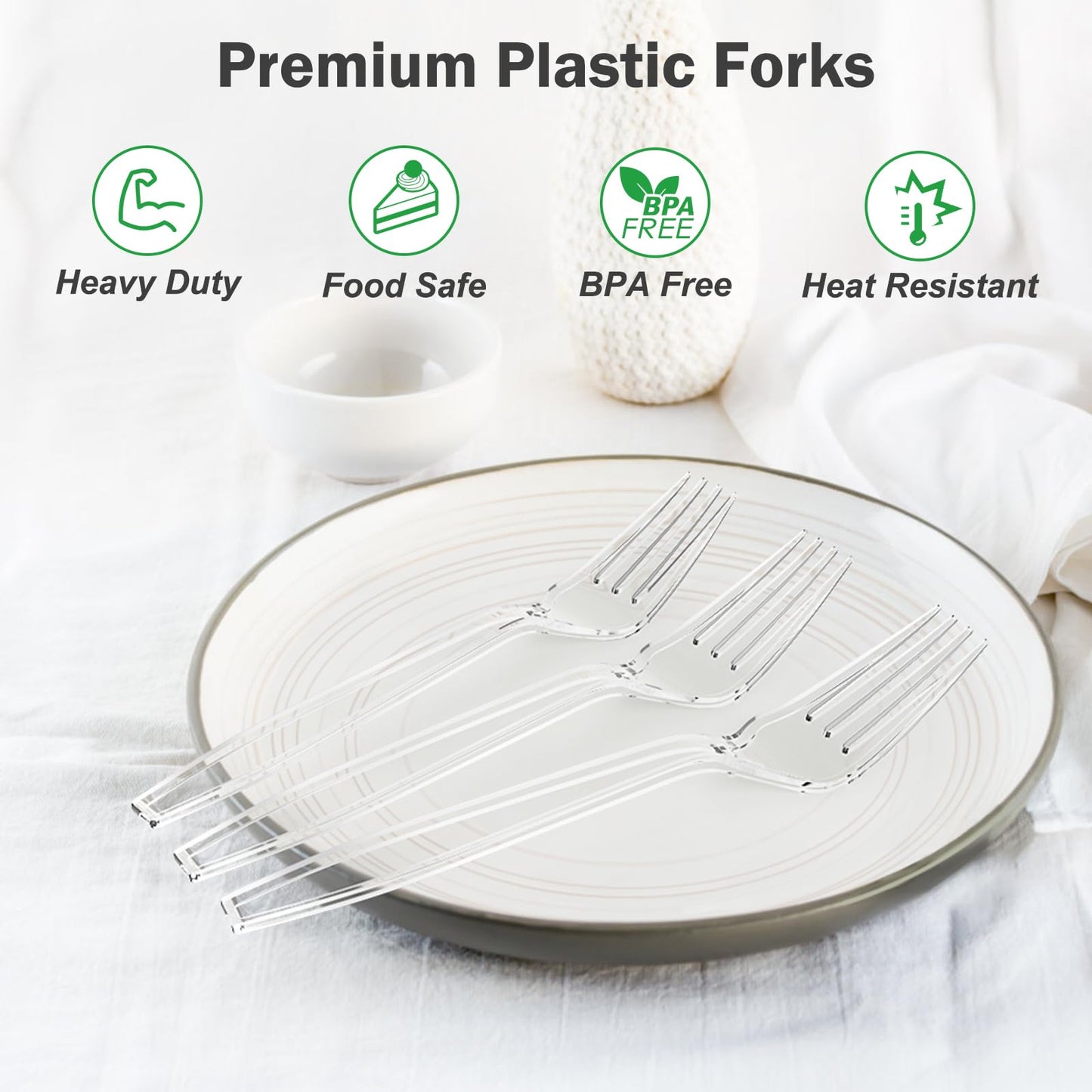 Dealusy 300 Count Extra Heavy Duty Clear Plastic Forks Disposable, BPA-Free, Heat Resistant, Solid and Durable Disposable Forks Bulk, Premium Plastic