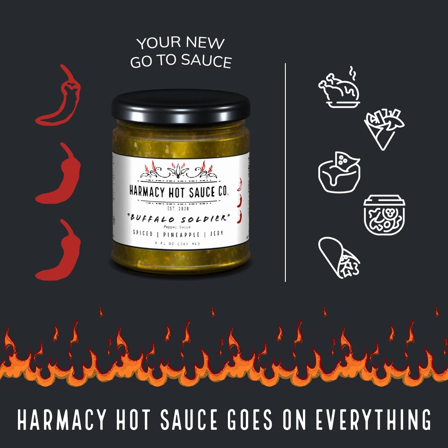 Buffalo Soldier - Grilled Pineapple Jerk Pepper Sauce by Harmacy Hot Sauce Co, 9oz, Small-Batch Artisan Spicy Sauce with Caribbean Flavor - Vegan