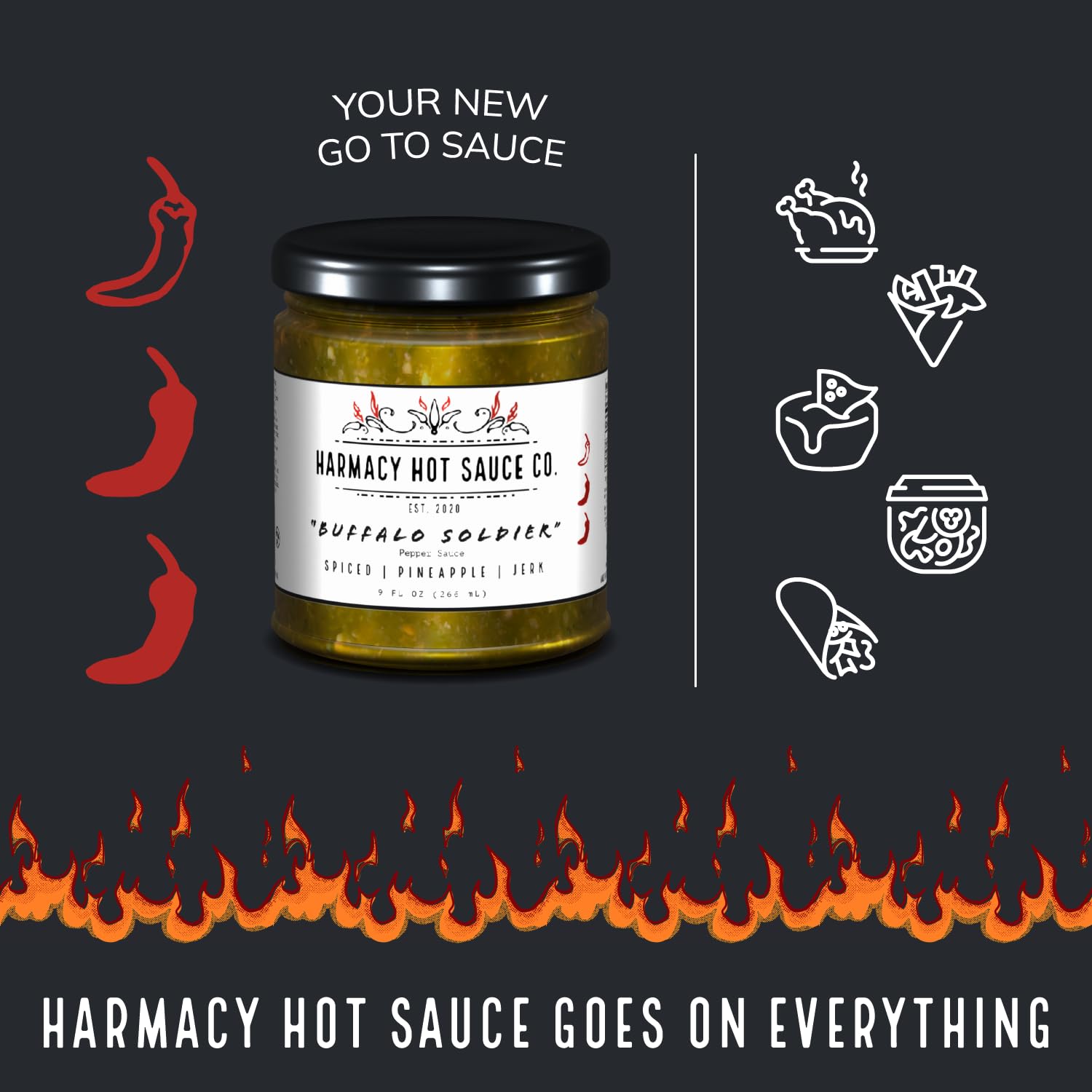 Buffalo Soldier - Grilled Pineapple Jerk Pepper Sauce by Harmacy Hot Sauce Co, 9oz, Small-Batch Artisan Spicy Sauce with Caribbean Flavor - Vegan