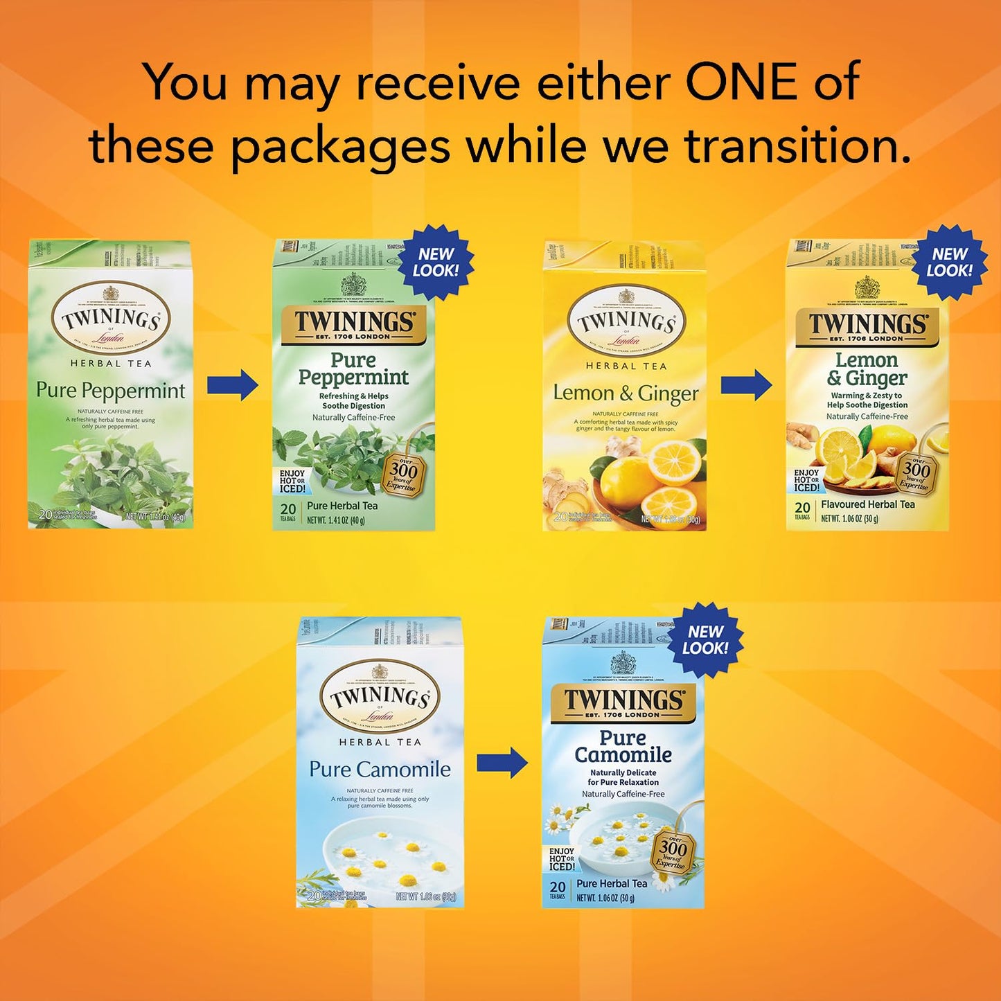 Twinings Herbal Tea Variety 3-Pack - Pure Peppermint, Pure Camomile + Lemon & Ginger Tea Bags, Naturally Caffeine-Free, 20 Count Each