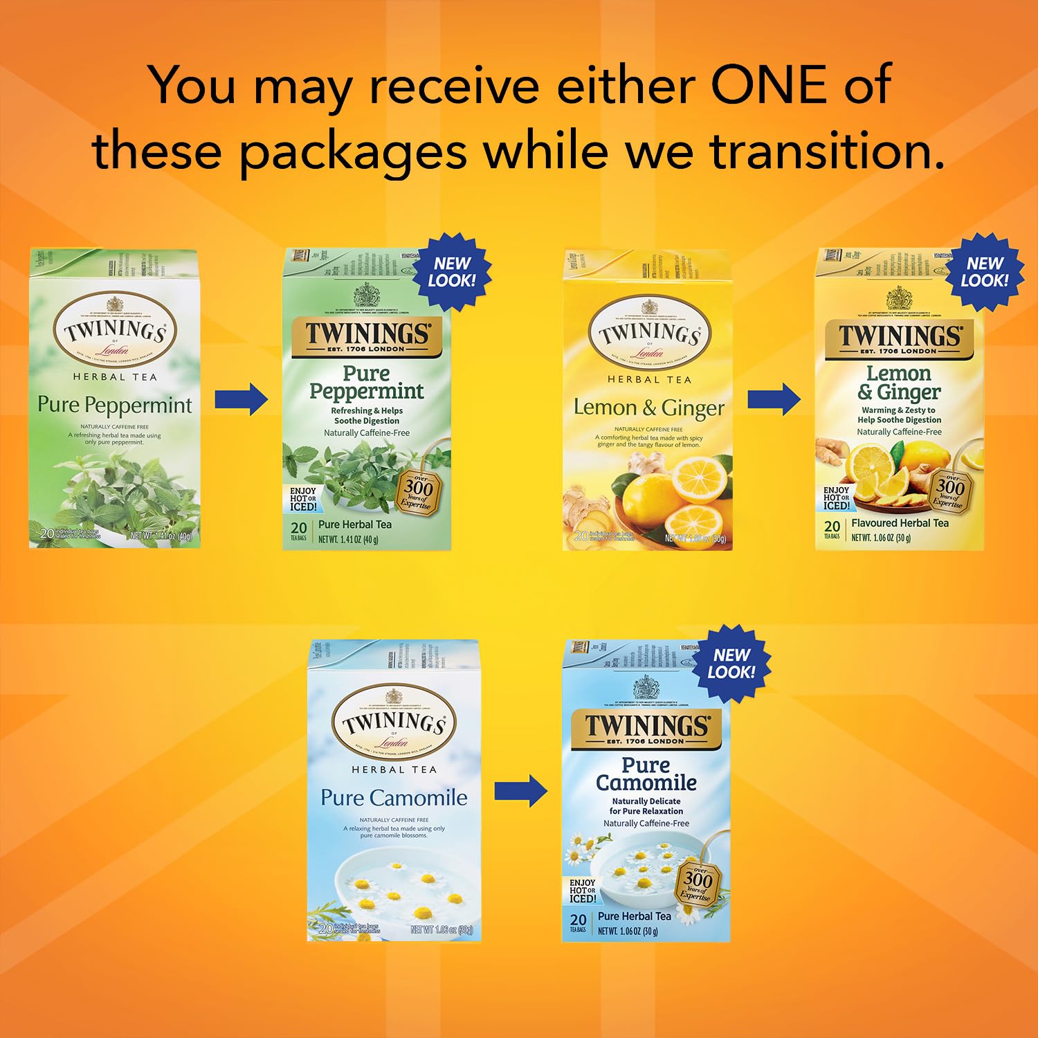 Twinings Herbal Tea Variety 3-Pack - Pure Peppermint, Pure Camomile + Lemon & Ginger Tea Bags, Naturally Caffeine-Free, 20 Count Each