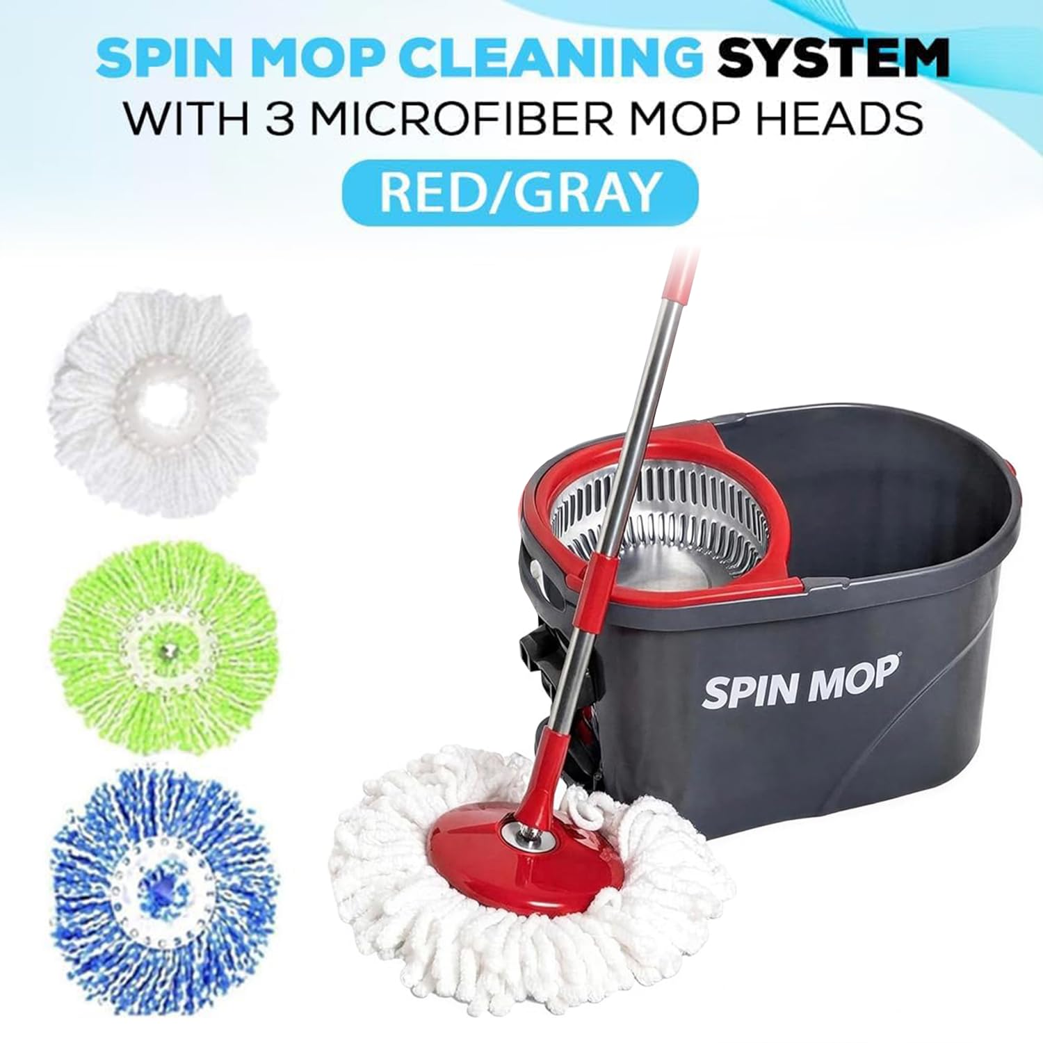Simpli-Magic 360° Spin Mop and Bucket with Wringer - 10,000 Spin Cycles - 3 High-Absorbent Microfiber Replacement Heads - Mop and Bucket Set for All