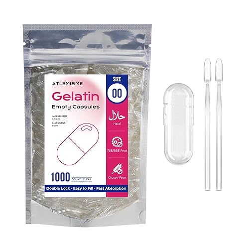 ATLEMISME Empty Gelatin Capsules Size 00 - (1000 Count) DIY Gelatin Filling - Gel Capsules Empty Caps with 2 Micro Lab Spoons for Capsule Filling