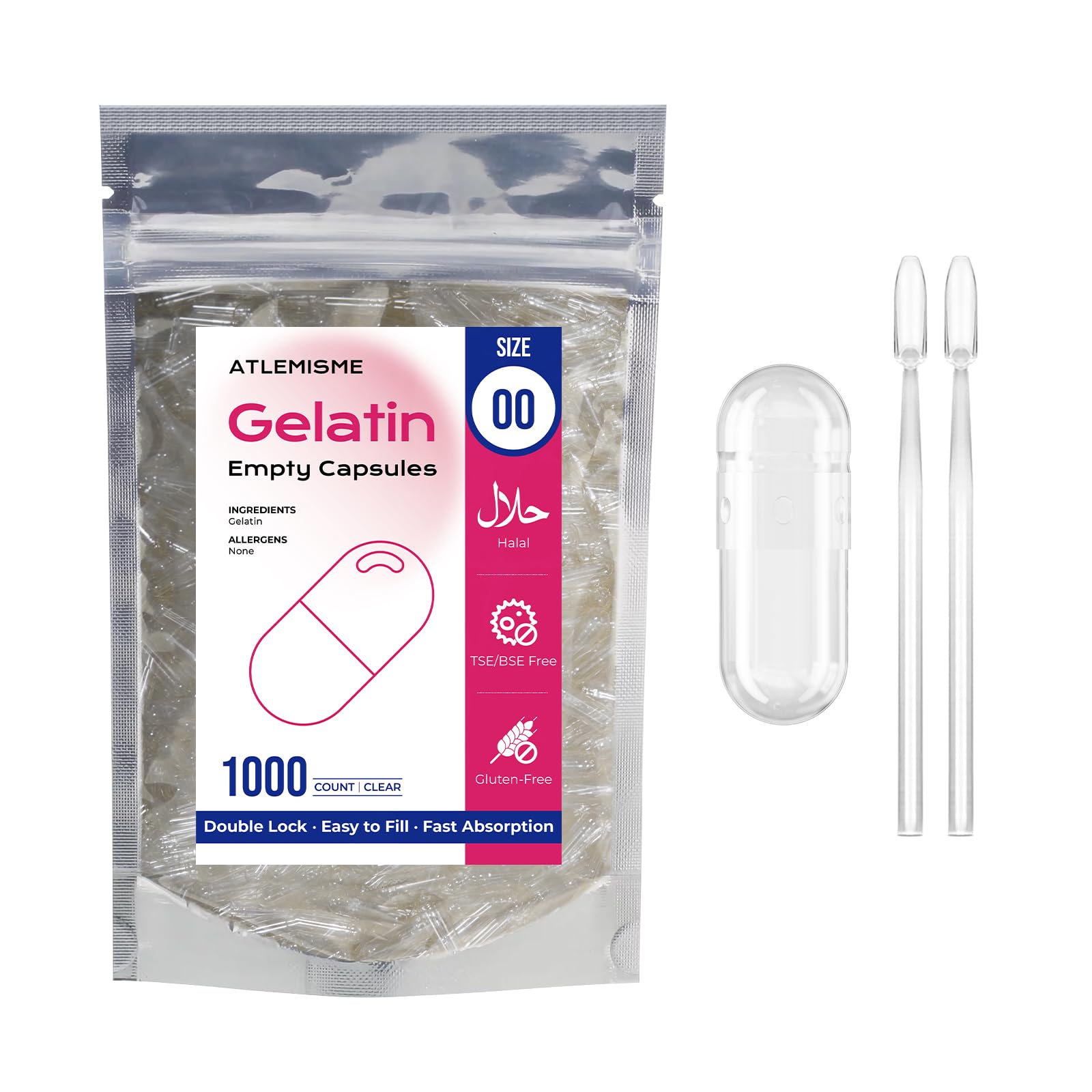 ATLEMISME Empty Gelatin Capsules Size 00 - (1000 Count) DIY Gelatin Filling - Gel Capsules Empty Caps with 2 Micro Lab Spoons for Capsule Filling