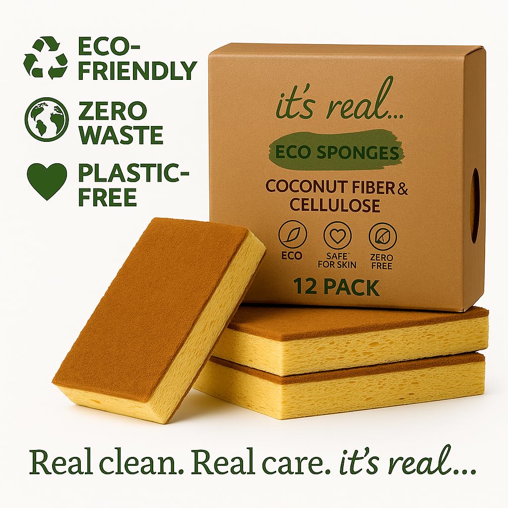 Eco Sponges - Coconut & Cellulose Kitchen Sponges, Biodegradable, Compostable, Plastic-Free Cleaning Scrubbers (12 Pack)