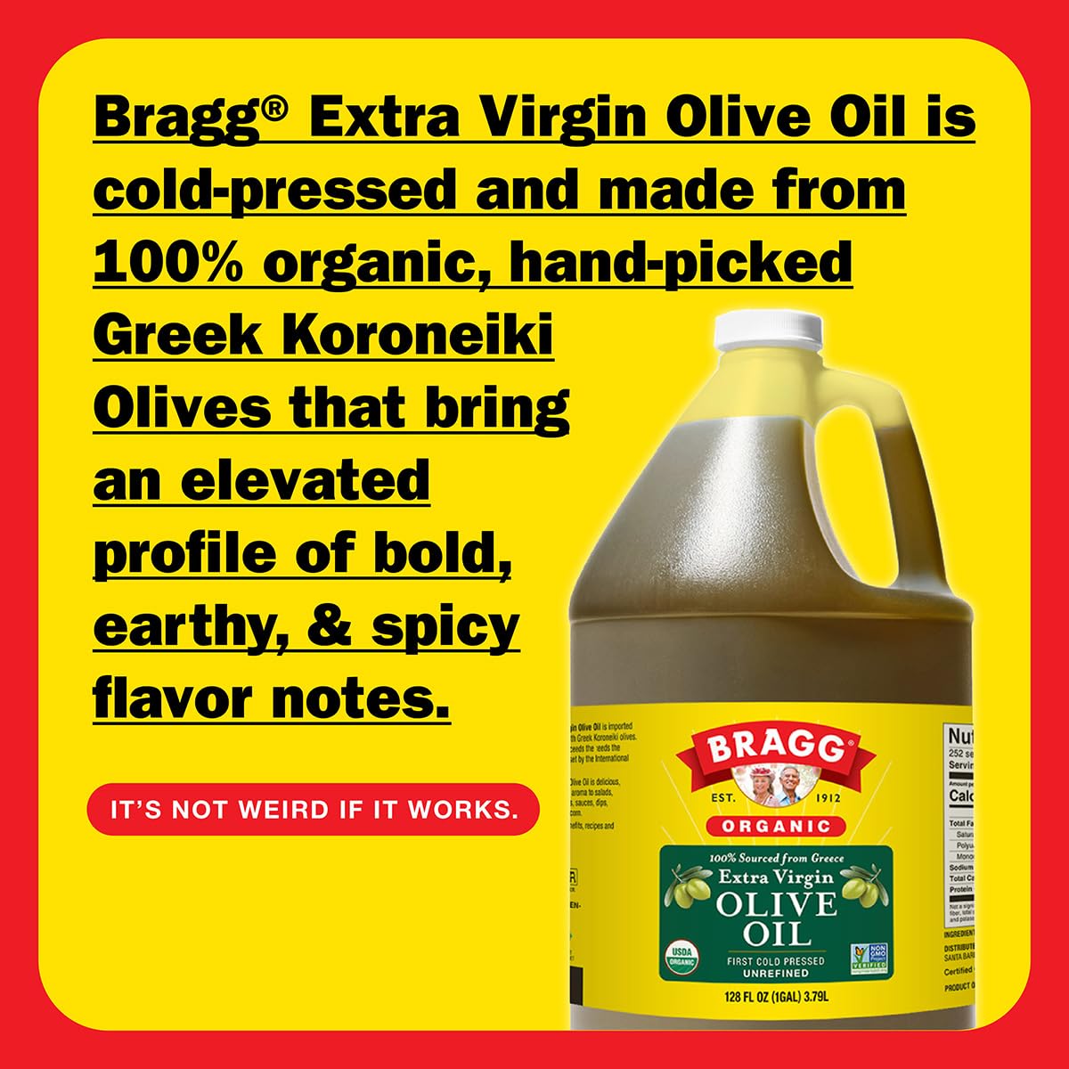 Bragg Organic Extra Virgin Olive Oil - Made with Greek Koroneiki Olives - Cold Pressed EVOO for Marinades & Vinaigrettes - USDA Certified, Non-GMO